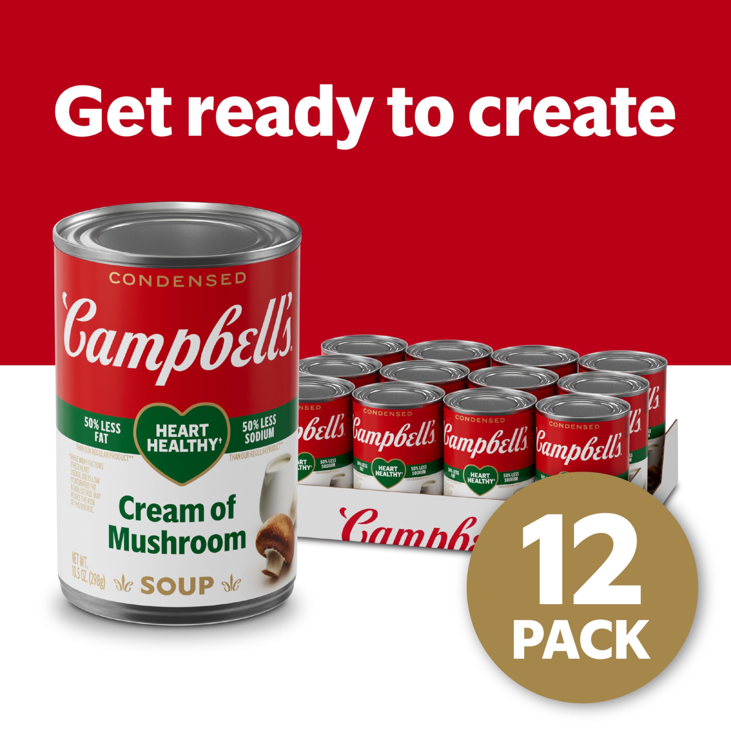 Campbell's Condensed Heart Healthy Cream of Mushroom Soup - 10.5 oz Cans (Pack of 12) | Low Sodium, Gluten Free | Perfect for Casseroles, Soups & Cooking Recipes