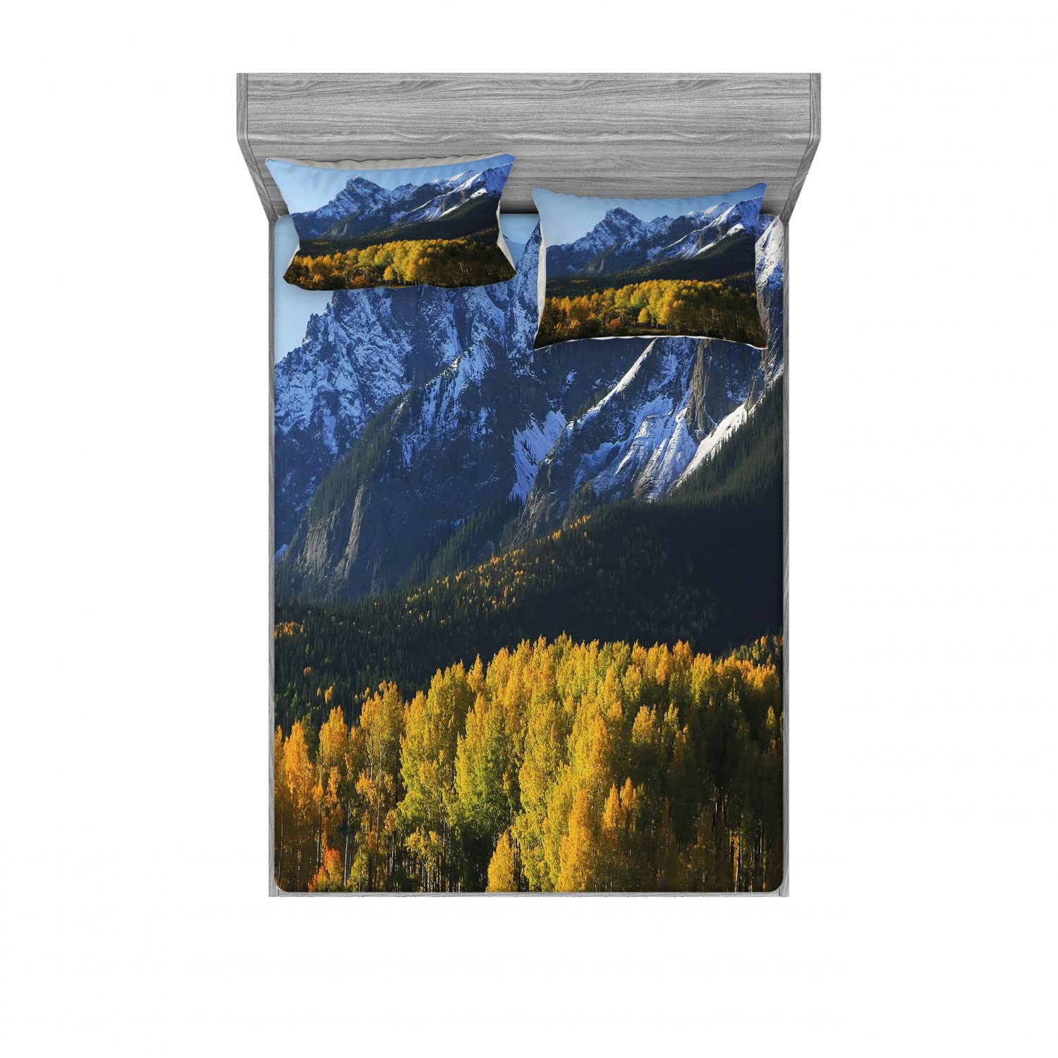 Ambesonne Colorado Village 2-Pack Full Size Fitted Sheets & 4 Pillow Sham Set - Green Blue Landscape Bedding Decor for Cozy Cabin Retreats and Rustic Bedroom Themes