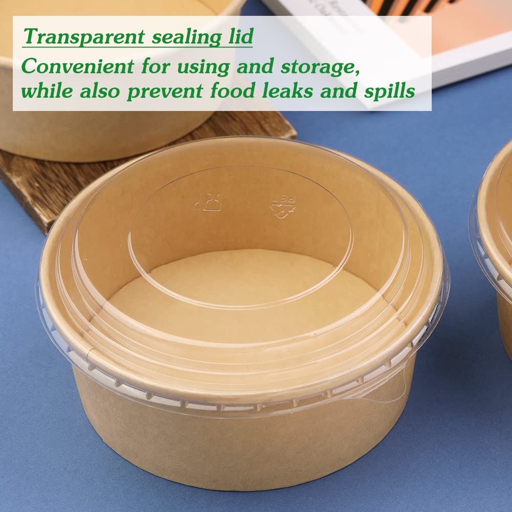 50 Pack 37 oz Kraft Paper Bowls with Lids - Eco-Friendly Disposable Salad & Soup Containers for Party, Takeout, Ice Cream | Microwave Safe Food Bowls for Restaurants, Picnics & Catering