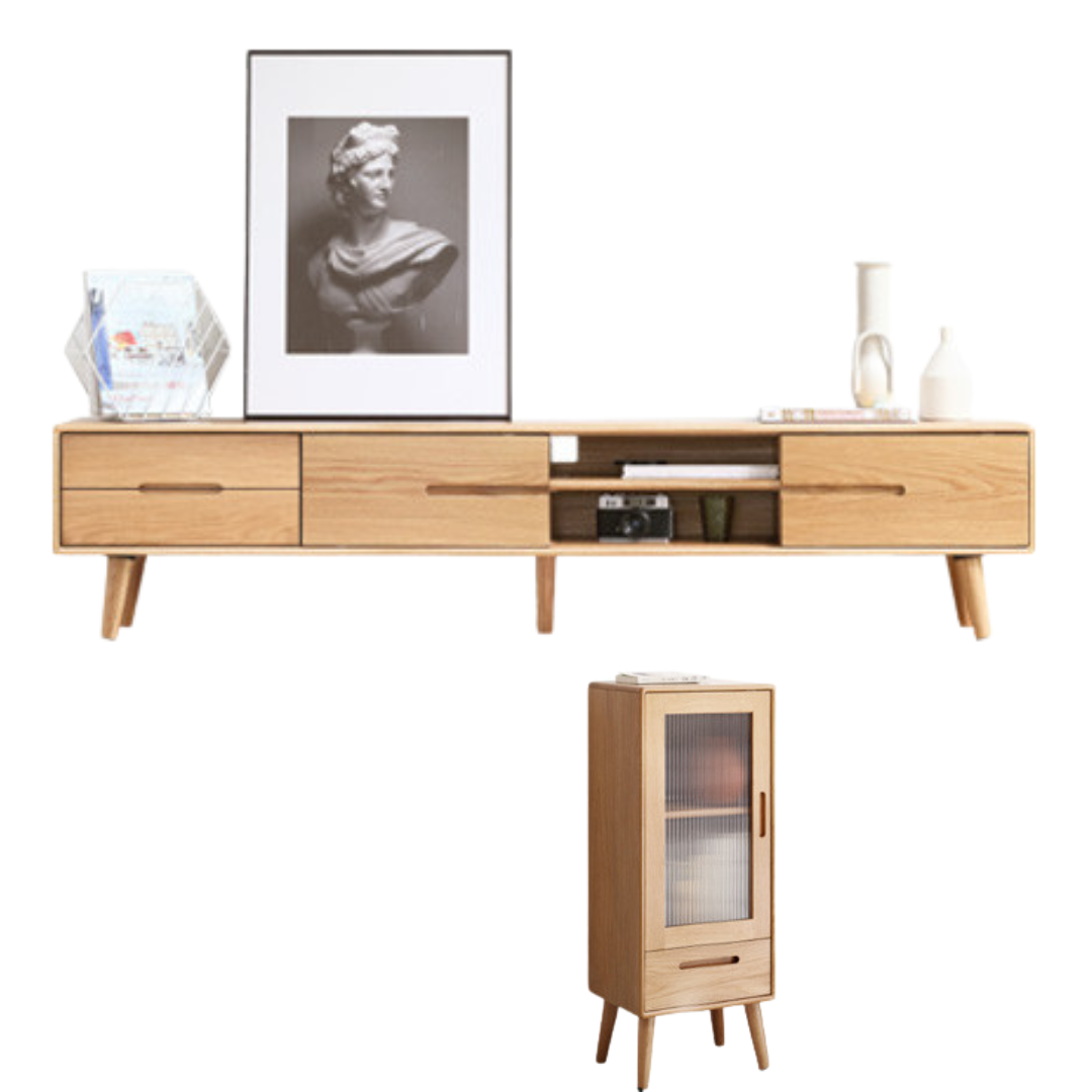 Solid Oak Wood TV Stand with Sliding Doors - Rustic Modern Entertainment Center for Living Room, Bedroom & Home Theater