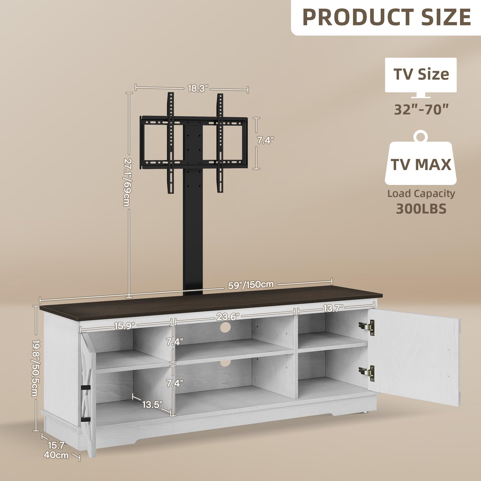 YITAHOME Farmhouse TV Stand with Mount - Sturdy Entertainment Center for 32-70 Inch TVs, Adjustable Shelf Media Console in Grey White/Espresso - Perfect for Living Room, Home Theater & Family Entertainment Spaces