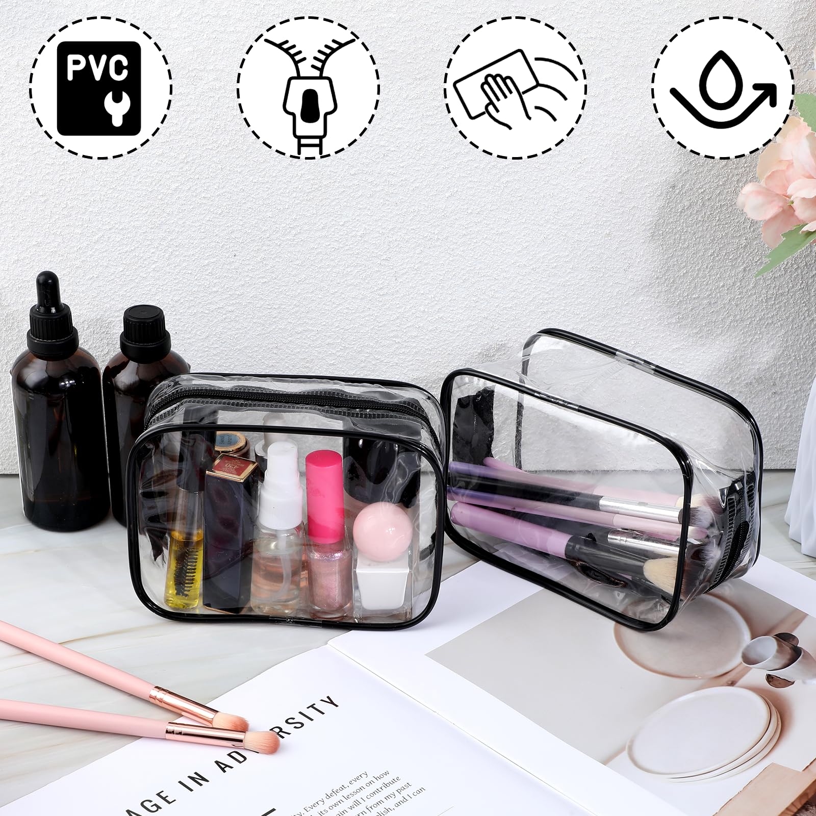 16 Pcs Clear PVC Cosmetic Bags Bulk - Waterproof Travel Makeup & Toiletry Organizer with Zipper for Women & Men | Perfect for Airplane Carry-on, Gym Essentials & Bathroom Storage