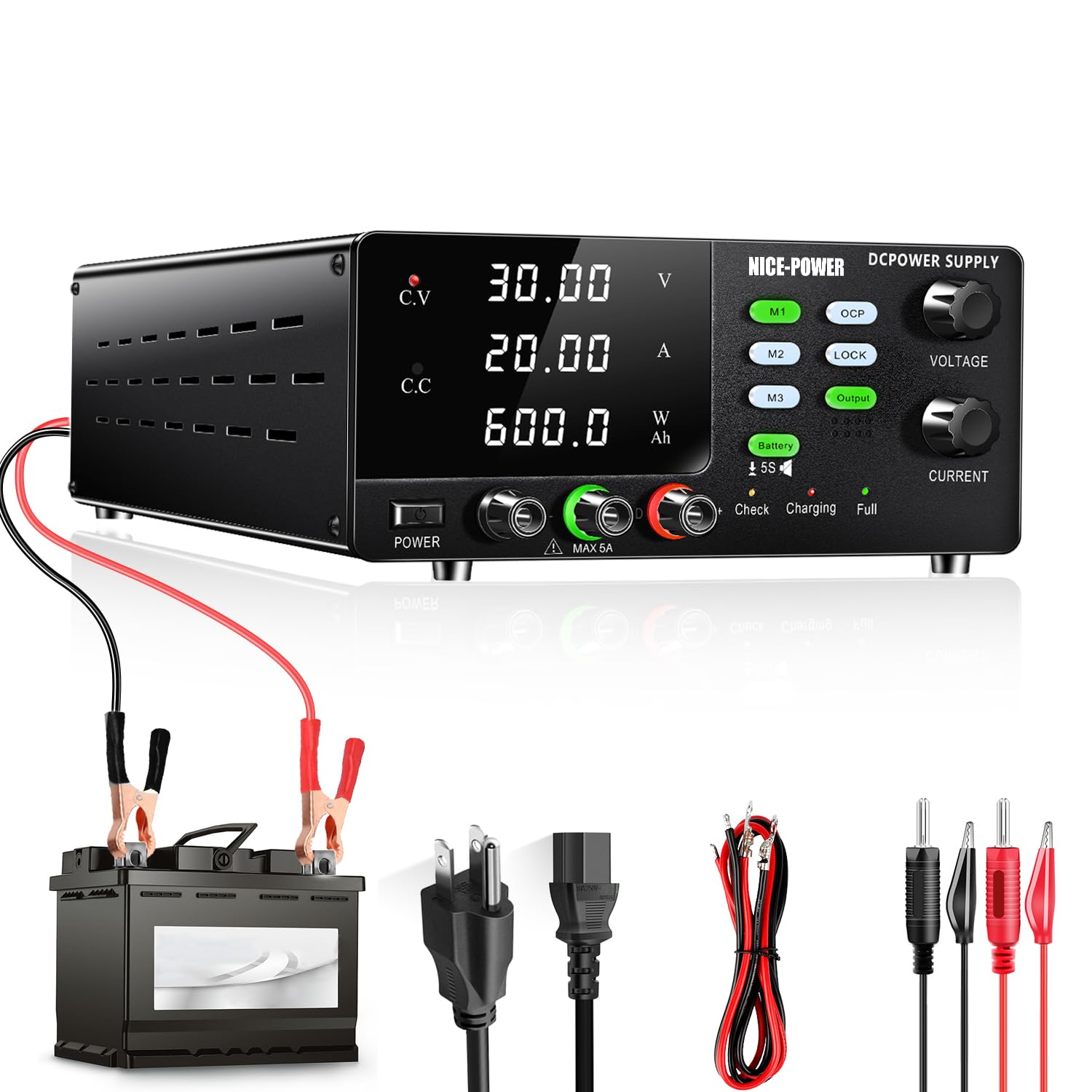 600W Adjustable DC Power Supply 30V 20A Variable Switching Regulated Bench Power Supply with OCP, Memory Storage & Lock Button - Perfect for Battery Charging, Electronics Testing, Lab Equipment & DIY Projects