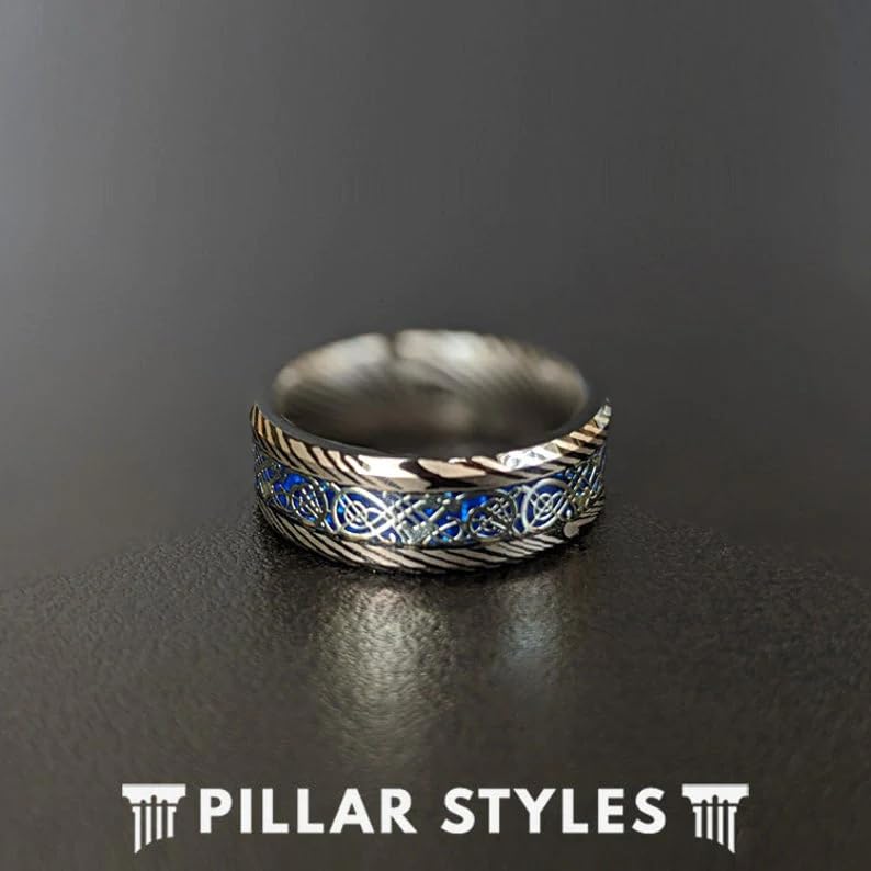 Black Damascus Steel Men's Wedding Band with Blue Carbon Fiber Inlay - 8mm Tungsten Celtic Viking Ring - Durable & Unique Silver Mens Jewelry - Perfect Anniversary Gift for Him - Great for Weddings, Engagements & Special Occasions