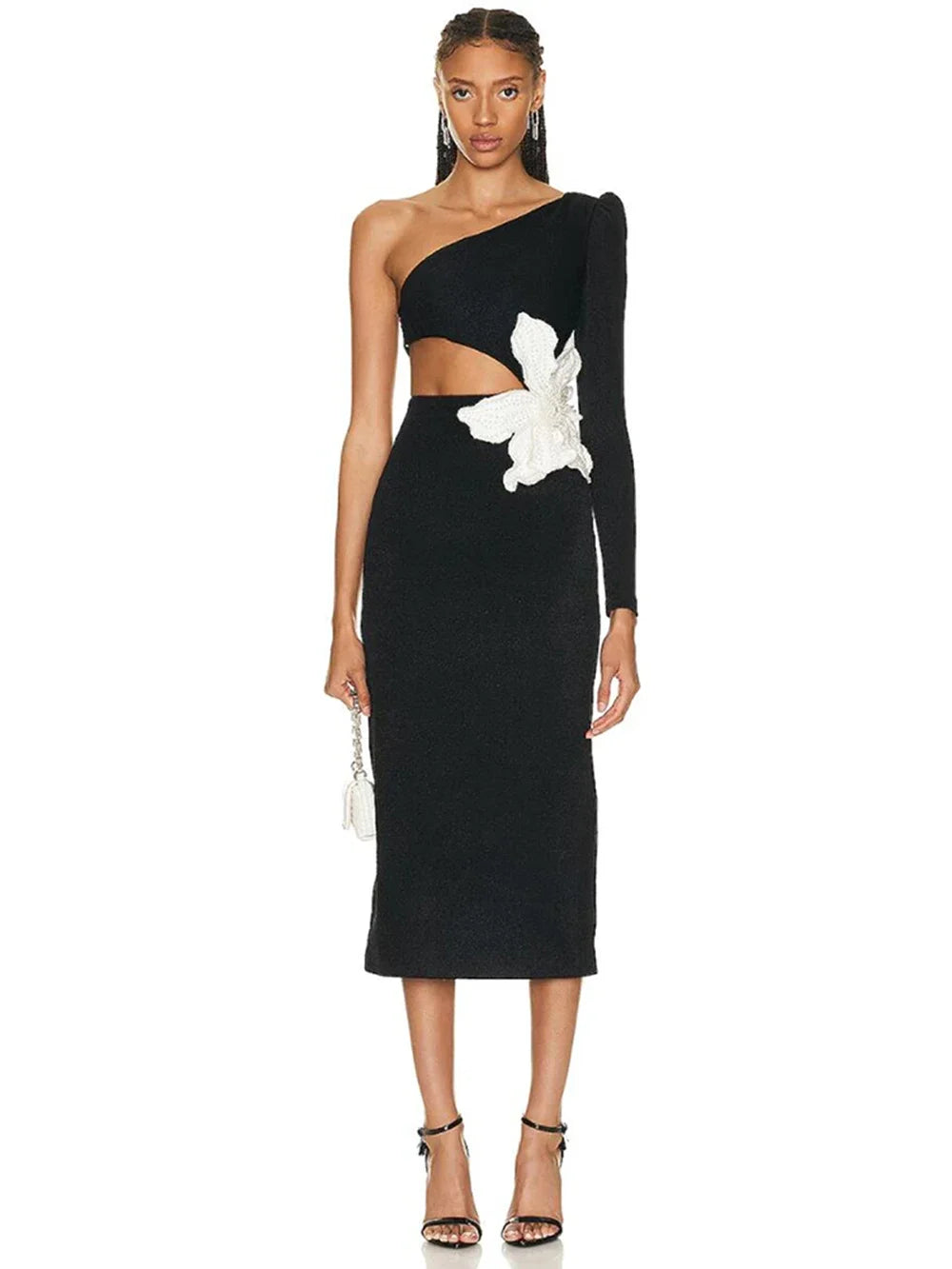 2023 Sexy One Shoulder Long Sleeve Bandage Midi Dress for Women - Floral Lace Hollow Out Bodycon Party Dress for Evening, Club, Date Night & Special Occasions