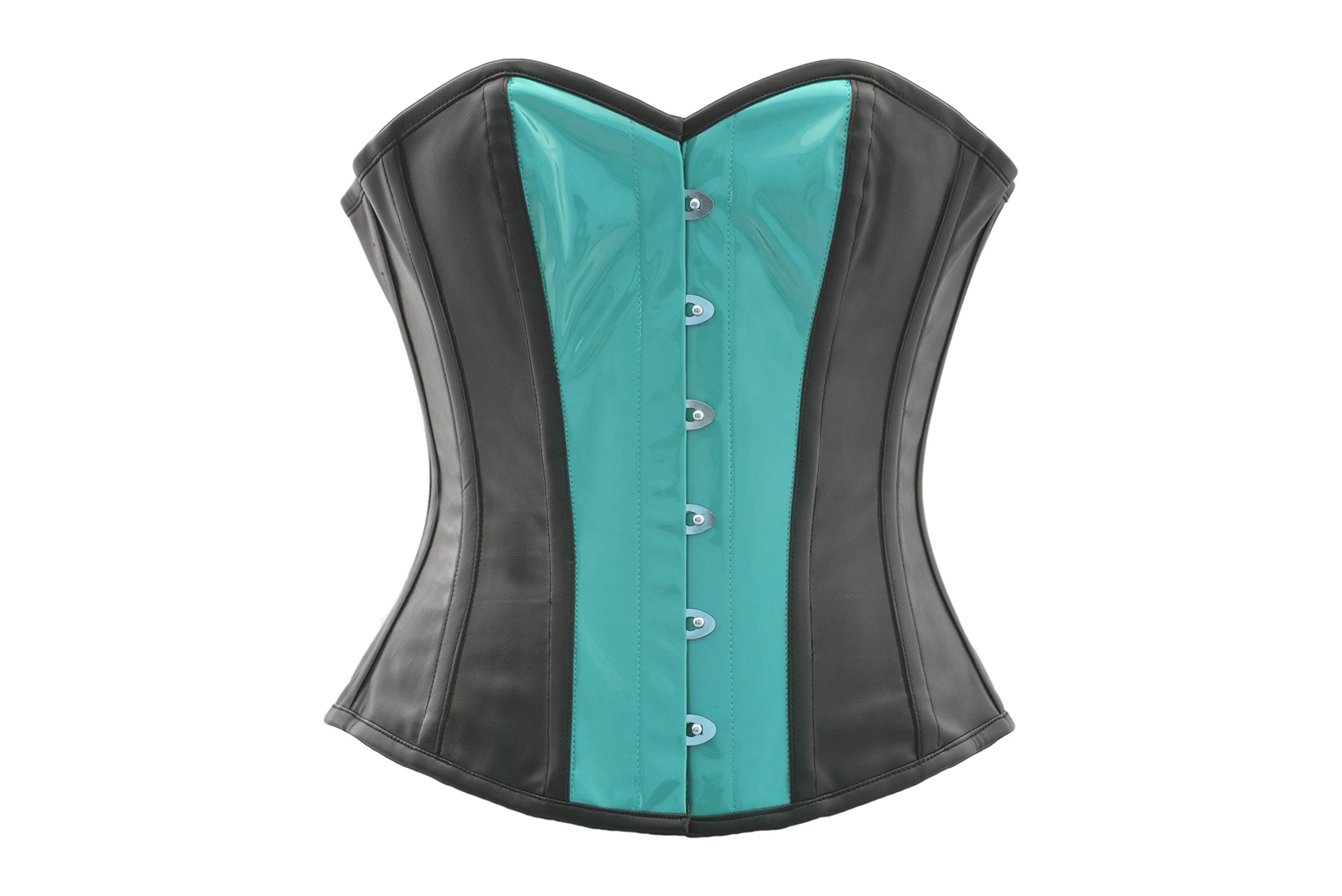 Black Faux Leather Corset with Blue PVC Trim - Gothic Steampunk Overbust Costume for Halloween, Cosplay, LARP & Burlesque