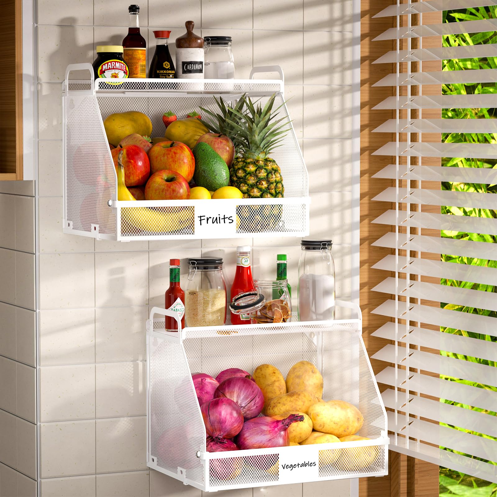 2 Pack Stackable Hanging Fruit Baskets - Kitchen Storage for Onions, Potatoes & Vegetables (Wall Mount Pantry Organizer)