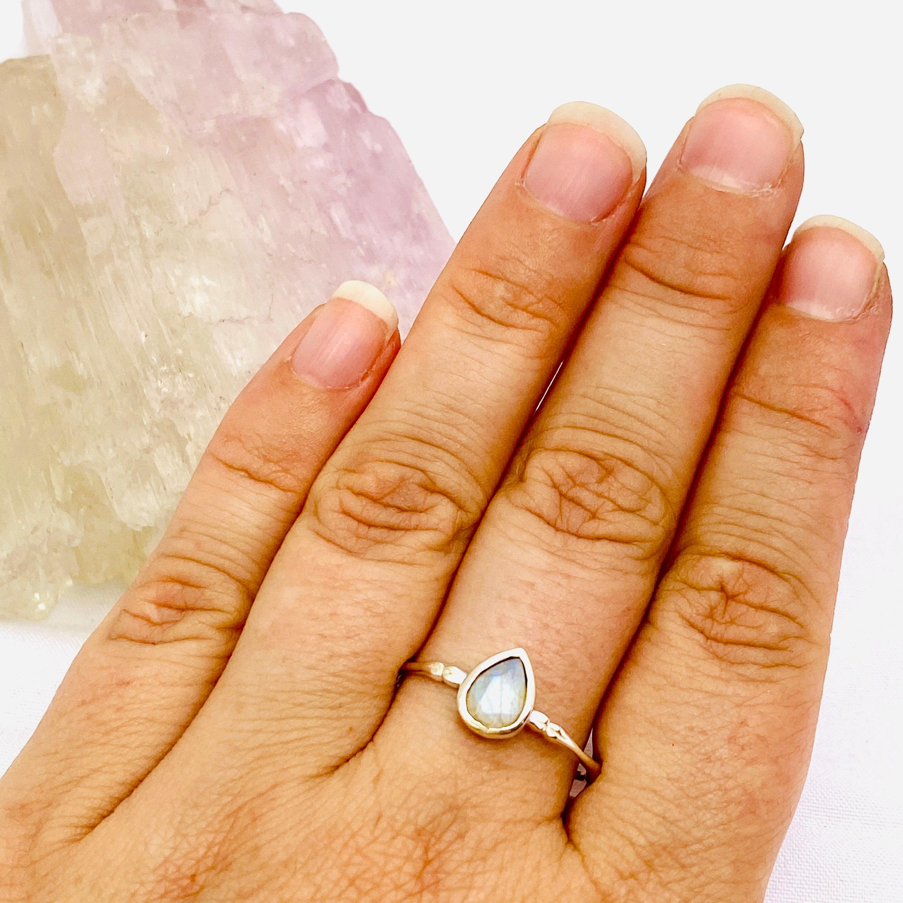Moonstone Faceted Teardrop Fine Band Ring R3691 MS - Elegant Dainty Jewelry for Women, Perfect for Weddings, Parties & Everyday Wear