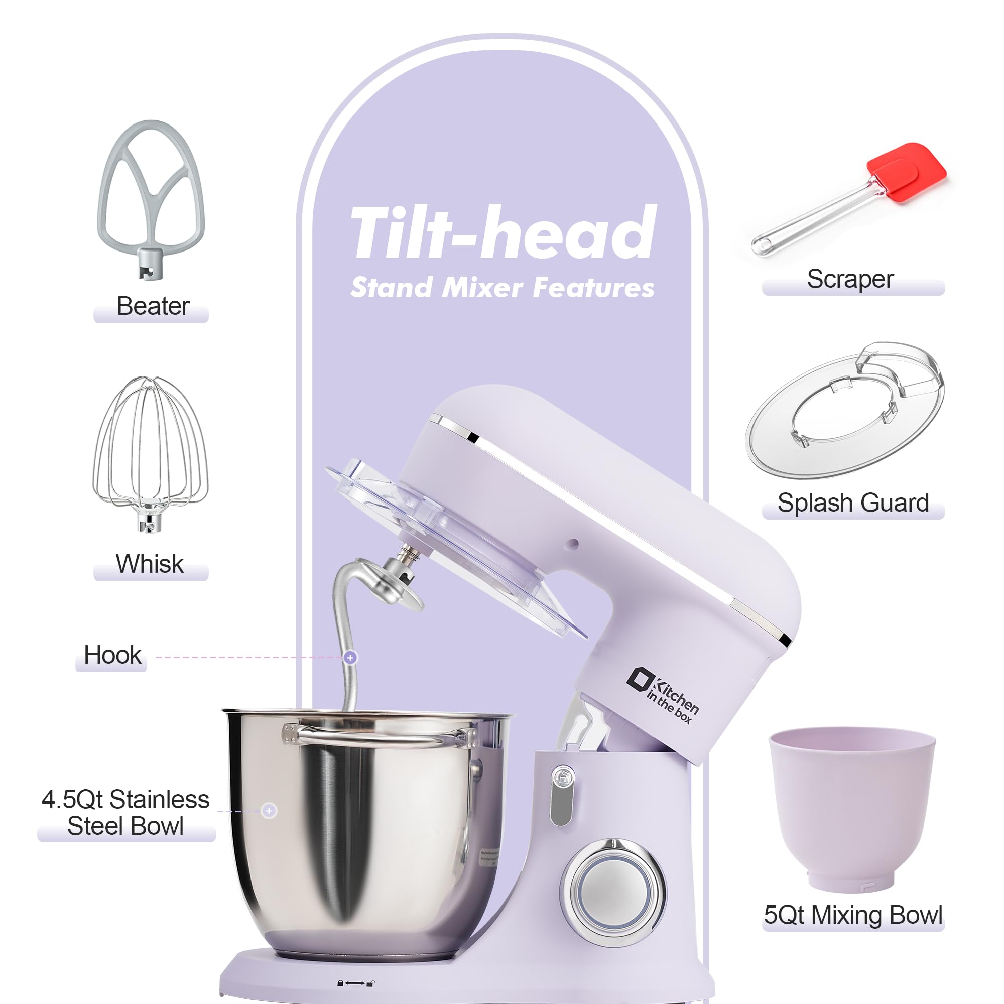 4.5QT Stand Mixer with 5QT Bowl, 10 Speeds - Egg Whisk & Dough Hook Included for Baking & Cooking (Lilac)