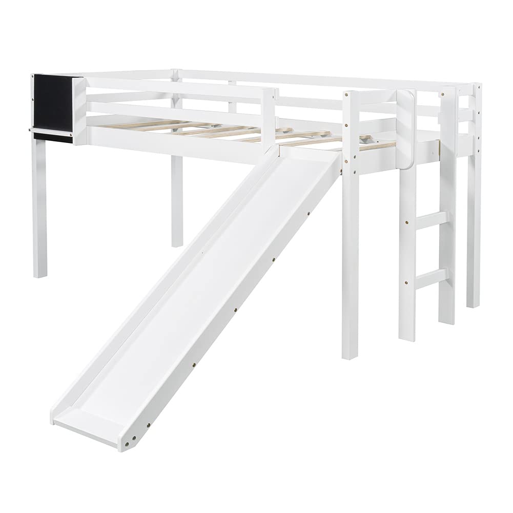 **White Twin Size Wood Loft Bed with Slide, Stairs & Chalkboard - Low Loft Bed Frame for Kids & Teens - Perfect for Small Bedrooms, Playrooms & Dorm Rooms**
