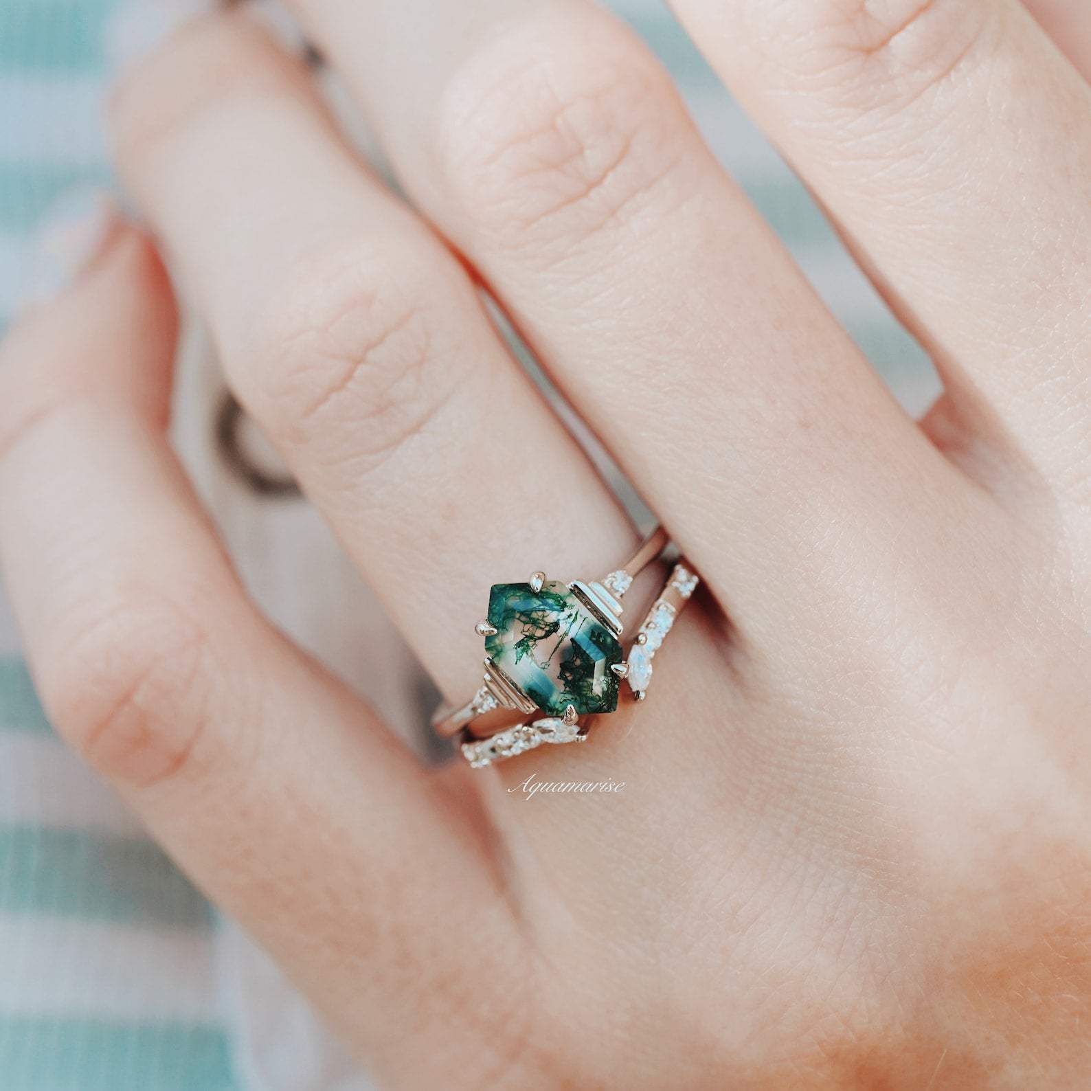 Hexagon Green Moss Agate Ring Set - 925 Sterling Silver Jewelry for Women, Nature-Inspired Gemstone Rings, Boho Chic Wedding Gift for Her | Perfect for Everyday Wear, Special Occasions & Spiritual Healing