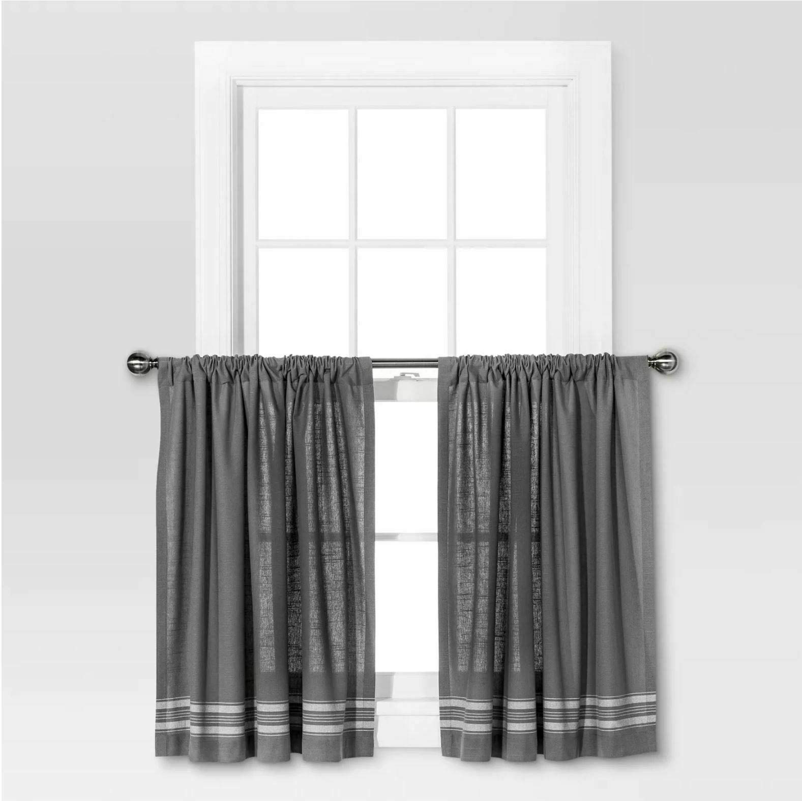 Threshold Gray & Cream Multi-Stripe Cafe Curtain Window Panels - Set of 2 for Kitchen, Dining Room & Bathroom Decor