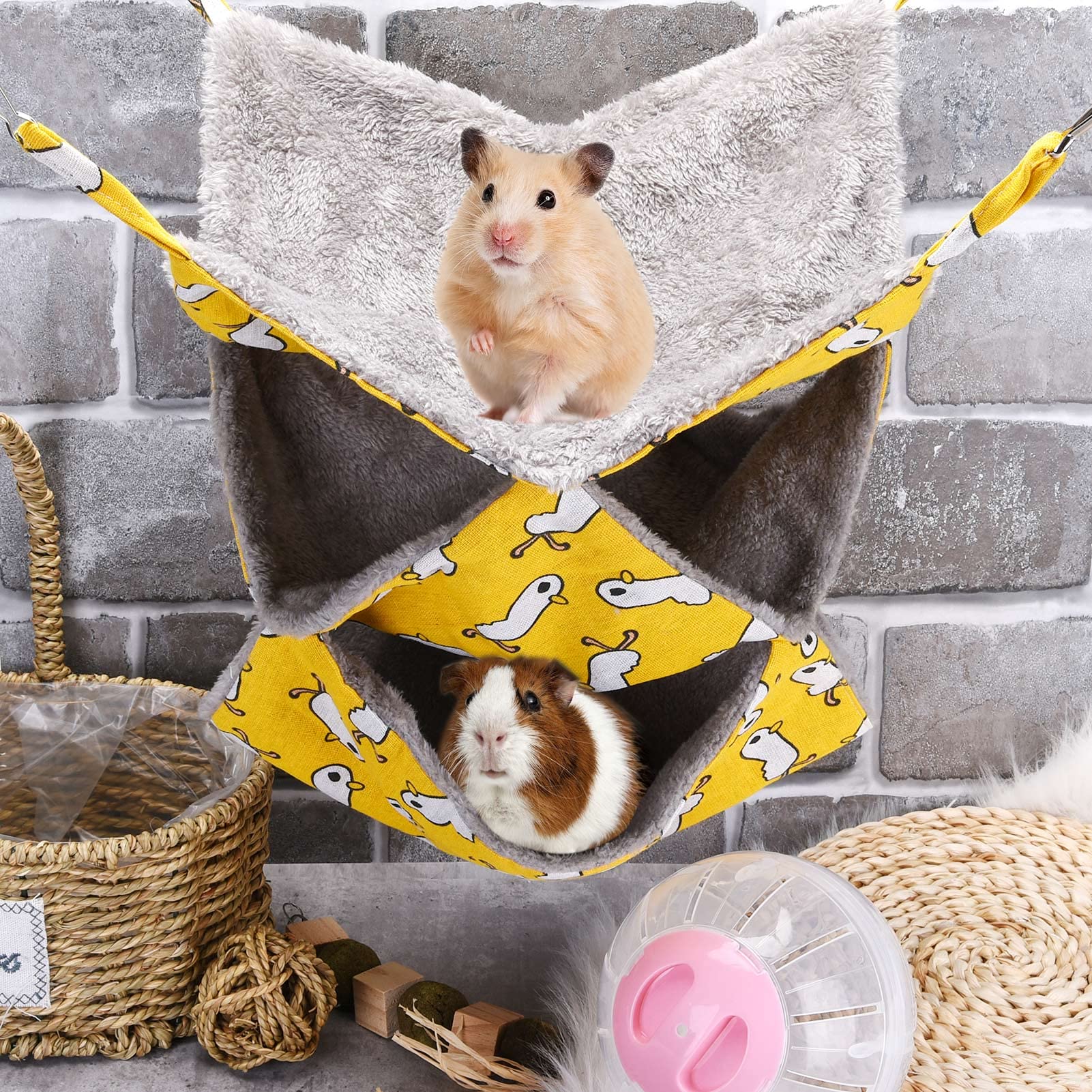 XINRUI 3-Tier Rat Pet Hammocks for Cage - 13.7x13.7 Inch Small Animal Hanging Bed for Ferrets, Guinea Pigs, Kittens, Squirrels, Chinchillas, Rats & Parrots (Yellow) - Perfect for Multi-Level Cage Accessories & Cozy Sleeping Spaces