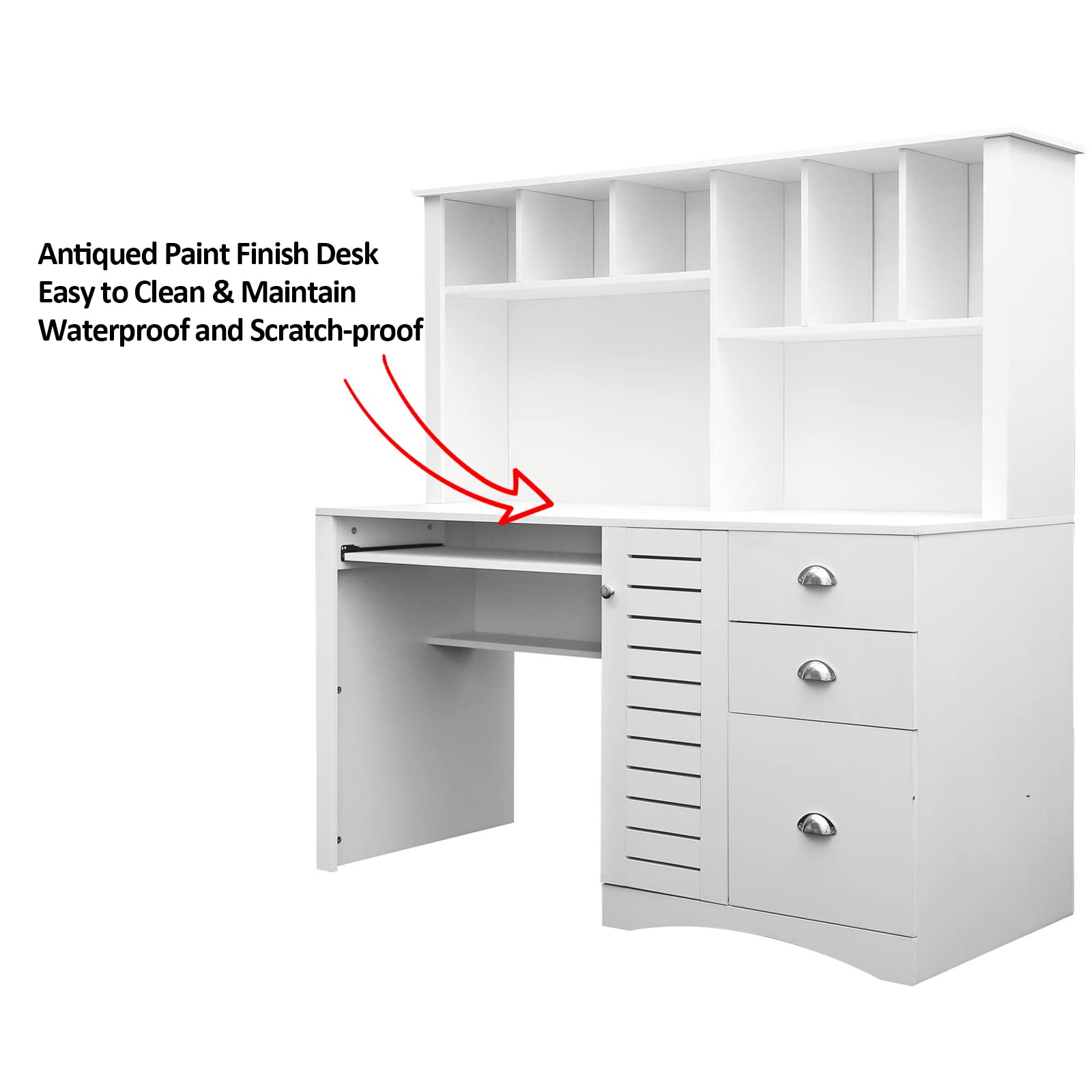 Holaki Wooden Computer Desk with Drawers & Bookshelf - Space Saving Executive Desk for Home Office, Study, or Dorm Room - Includes Keyboard Tray & Hutch in Antiqued White Finish - Perfect for Students, Teens, and Small Spaces