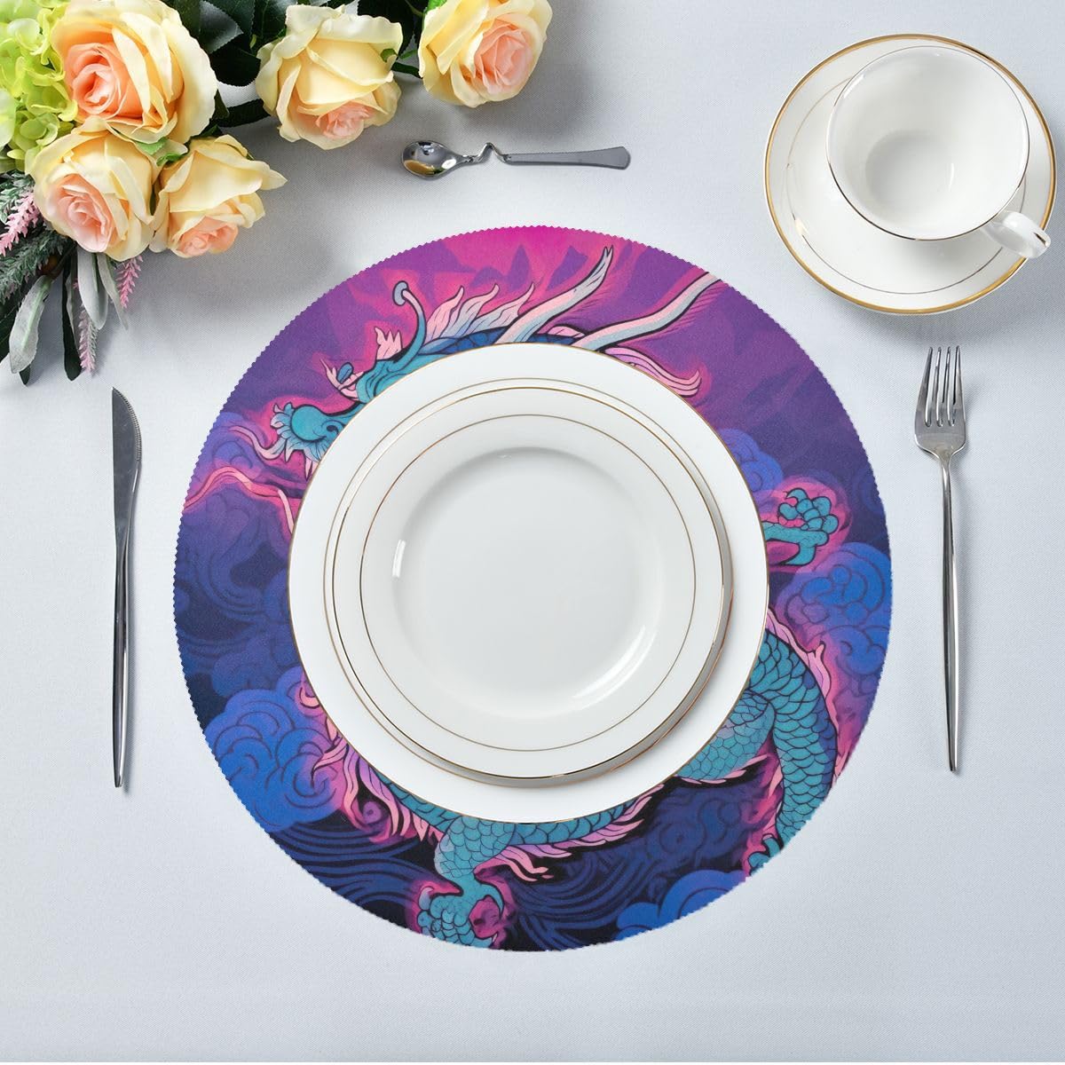 Premium Round Washable Placemats Set of 4 - Chinese Dragon Design Polyester Table Mats for Dining & Kitchen Decor | Perfect for Holiday Dinners, Family Gatherings & Restaurant Use