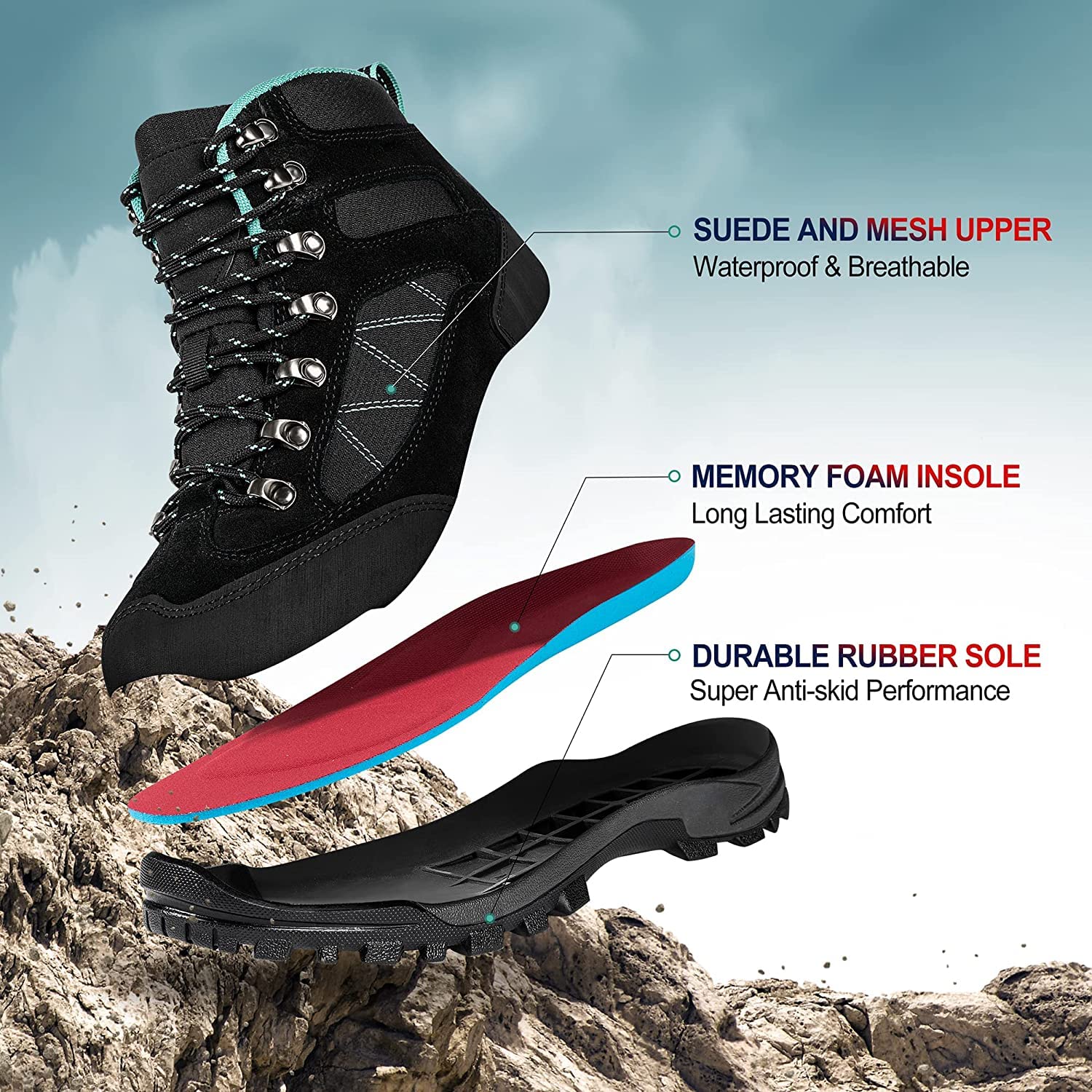 **R CORD Women's Waterproof Hiking Boots with Ankle Support - Breathable Non-Slip Backpacking Boots for Outdoor Adventures, Trail Walking & Camping**