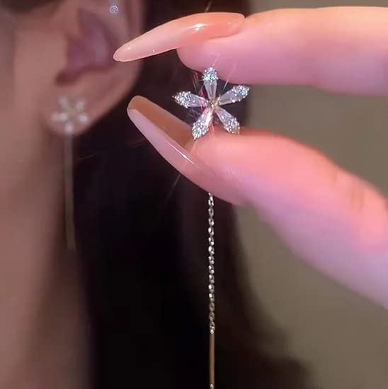 Sparkling Diamond Flower Earrings for Women - Elegant Crystal Tassel Drop Dangle Earrings with Geometric Zircon Design, Perfect for Parties, Weddings & Date Nights (Silver)