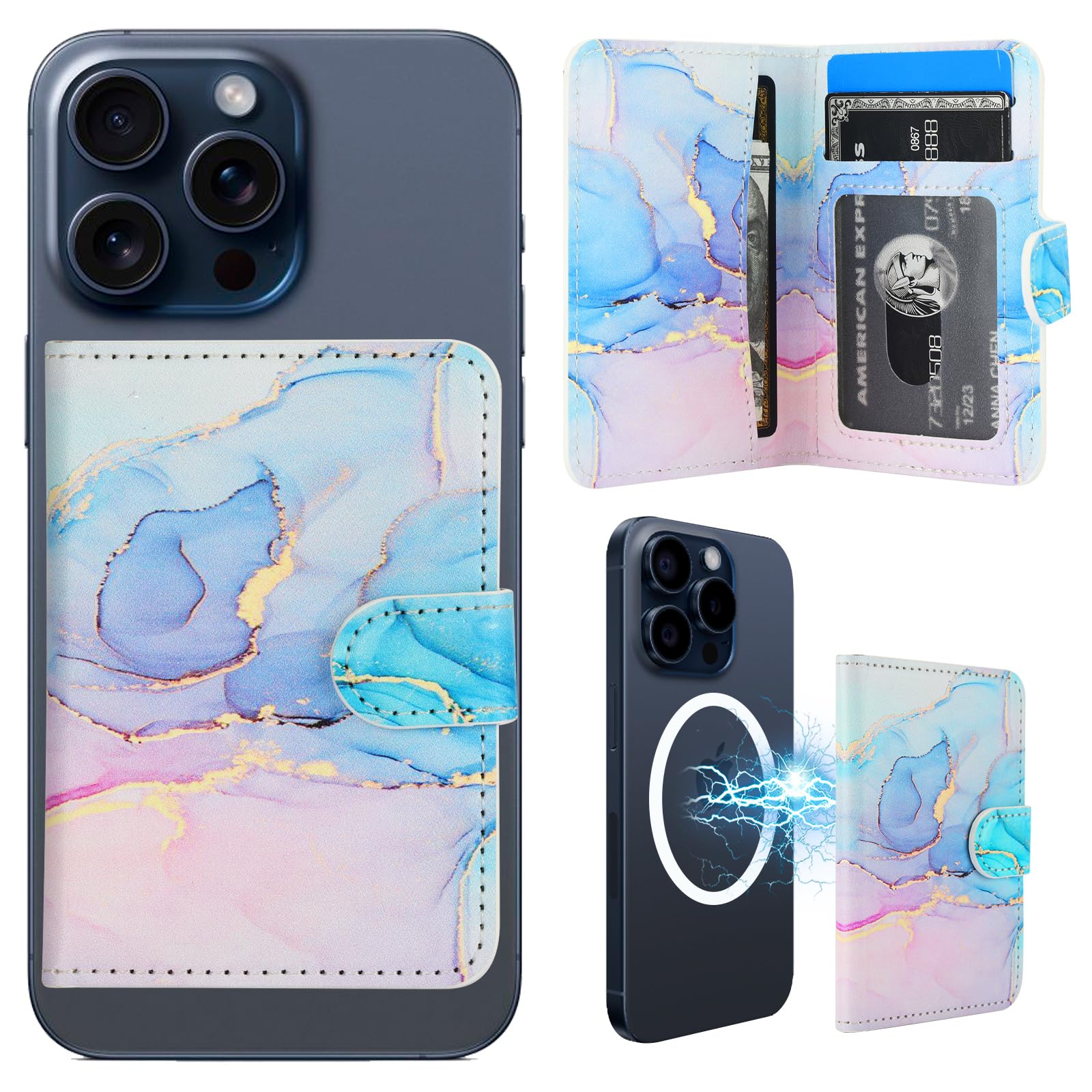 HAOPINSH Magnetic Wallet Card Holder for iPhone 16/15/14/13/12 Series - Detachable Adjustable Flip Leather Kickstand with RFID Blocking | Pink Blue Marble Pattern | Perfect for Travel, Shopping & Everyday Use with MagSafe Compatibility