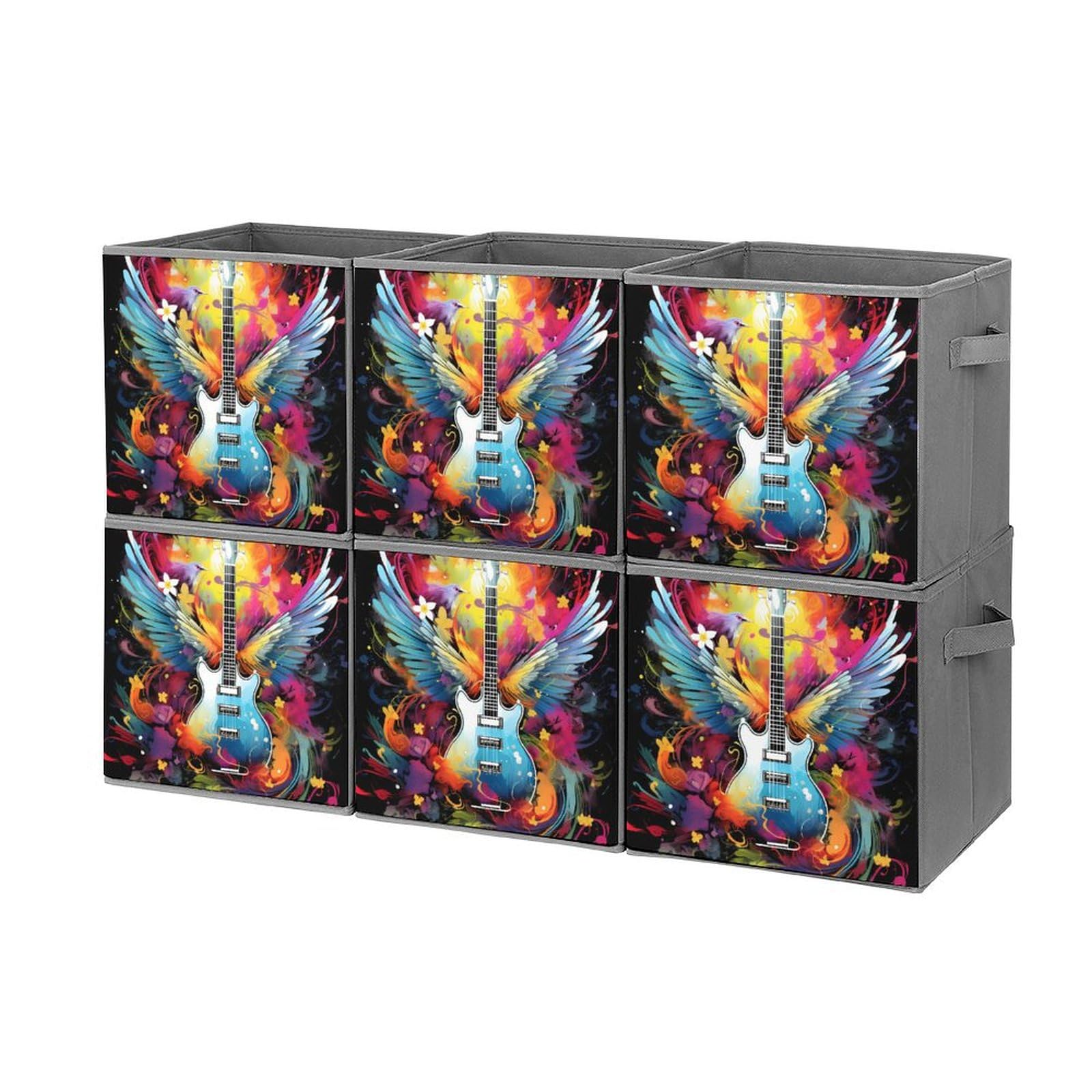 6-Pack Foldable Square Storage Bins with Handles - Watercolor Guitar & Wings Design Fabric Storage Cubes & Organizers | Perfect for Closet, Nursery, Office & Home Organization