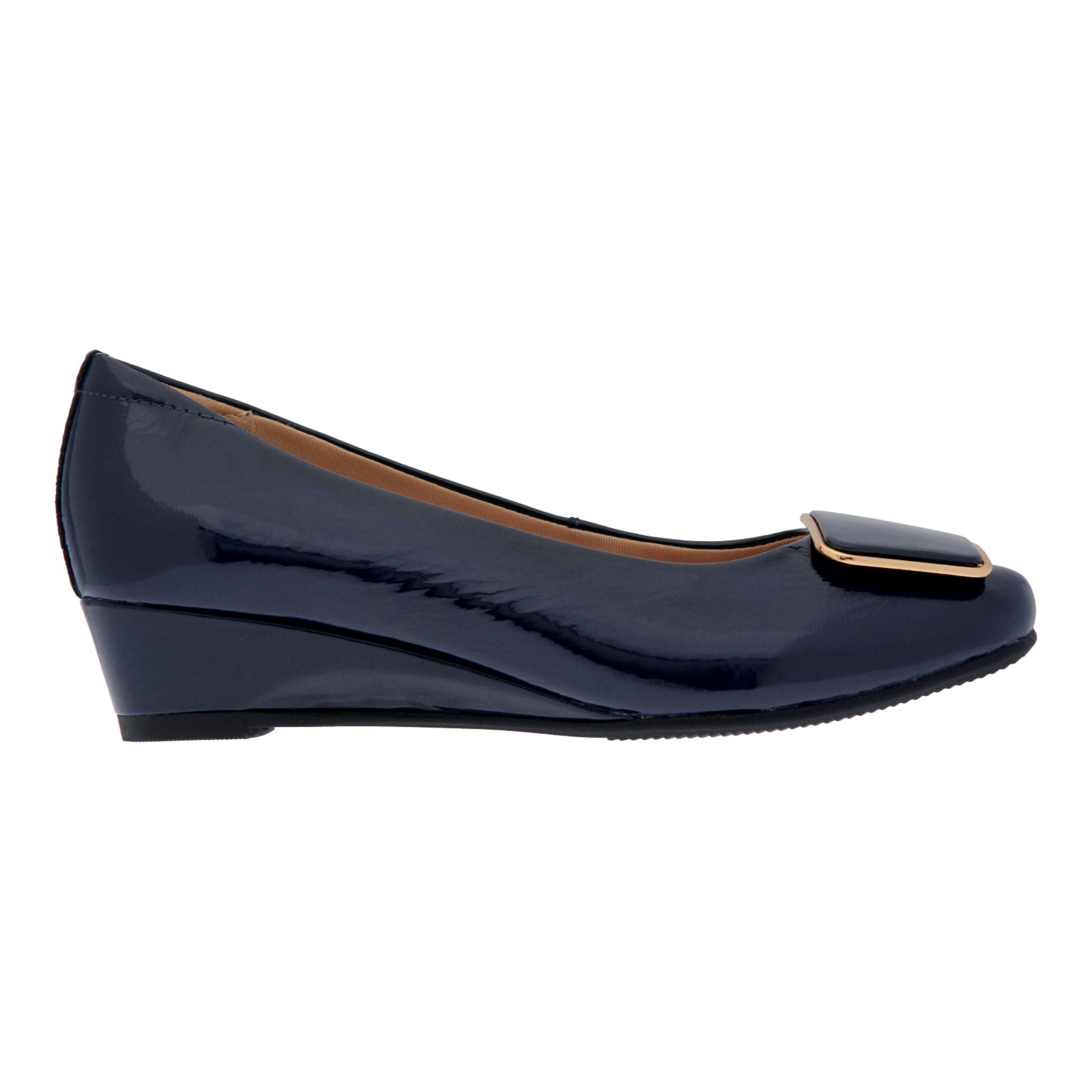 Caratti Navy Blue Leather Wedge Heels with Buckle Strap - Comfortable Short Heels for Women, Perfect for Office, Parties & Date Nights