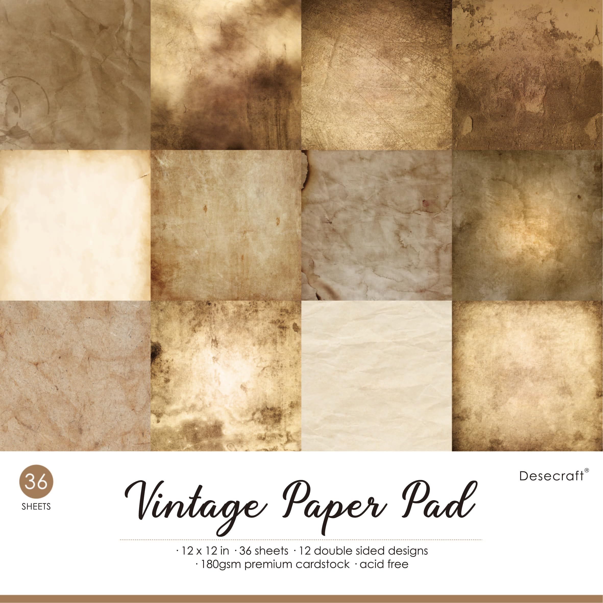 Vintage 12x12 Scrapbooking Cardstock Paper - 36 Sheets Textured Decorative Paper for Card Making, Journaling, Planner, Origami - Perfect for DIY Crafts, Scrapbook Albums, Gift Wrapping & Home Decor