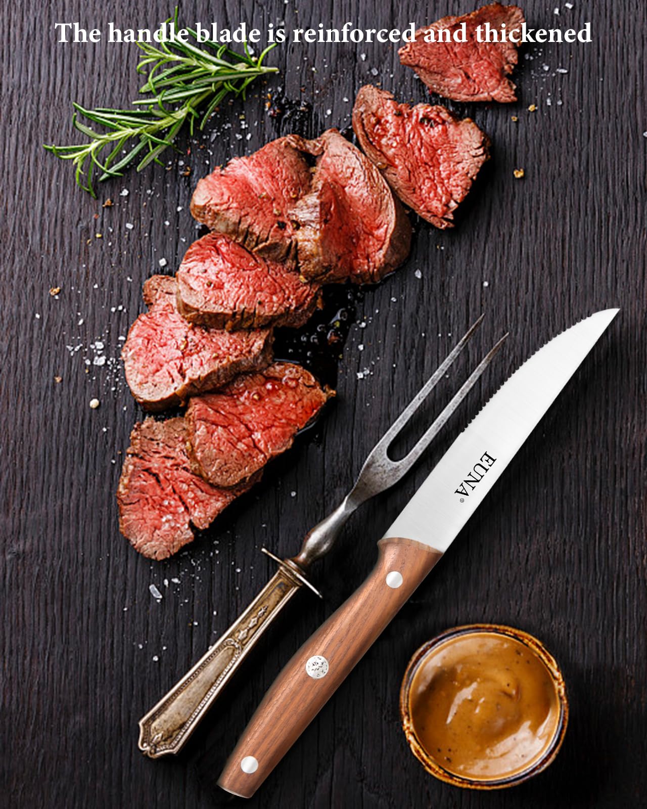 EUNA 4-Piece Steak Knife Set - 4.5 Inch Ultra Sharp Serrated Blades with Ergonomic ASH Handle - Stainless Steel Dinner Knives in Gift Box - Perfect for Steakhouse Dining, BBQ Parties & Fine Dining at Home