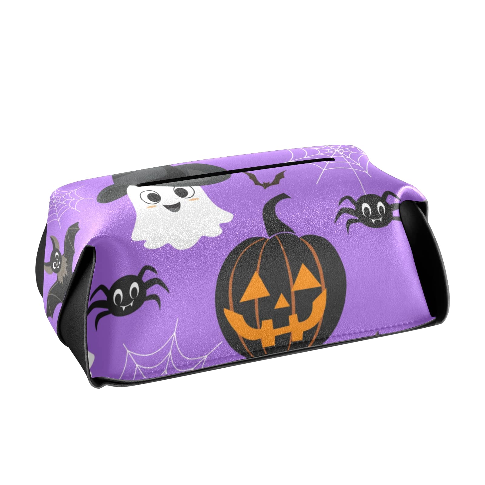 Halloween Tissue Box Cover - Purple Rectangle Leather with Pumpkins, Bats, Spider Web & White Ghosts - 9.4x5.1x3.6 Inch - Perfect for Bathroom, Home, Nightstand, Vanity, Office Desk & Car Decor