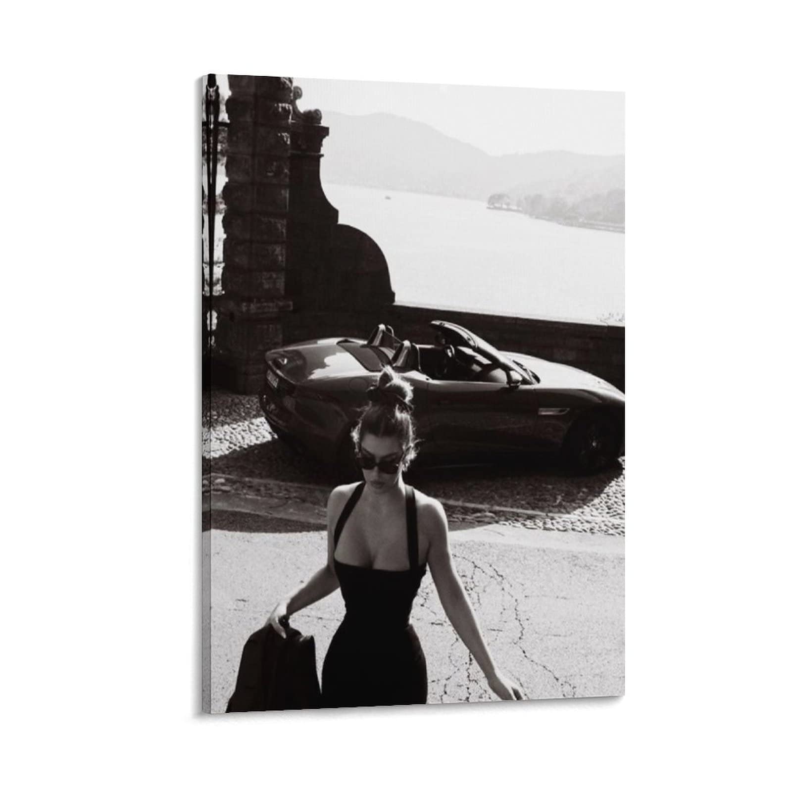 Sports Car Woman Black and White Canvas Wall Art - 24x36 Inch (60x90cm) Framed Poster for Bedroom, Living Room, Office Decor - Perfect for Car Enthusiasts & Modern Home Decoration