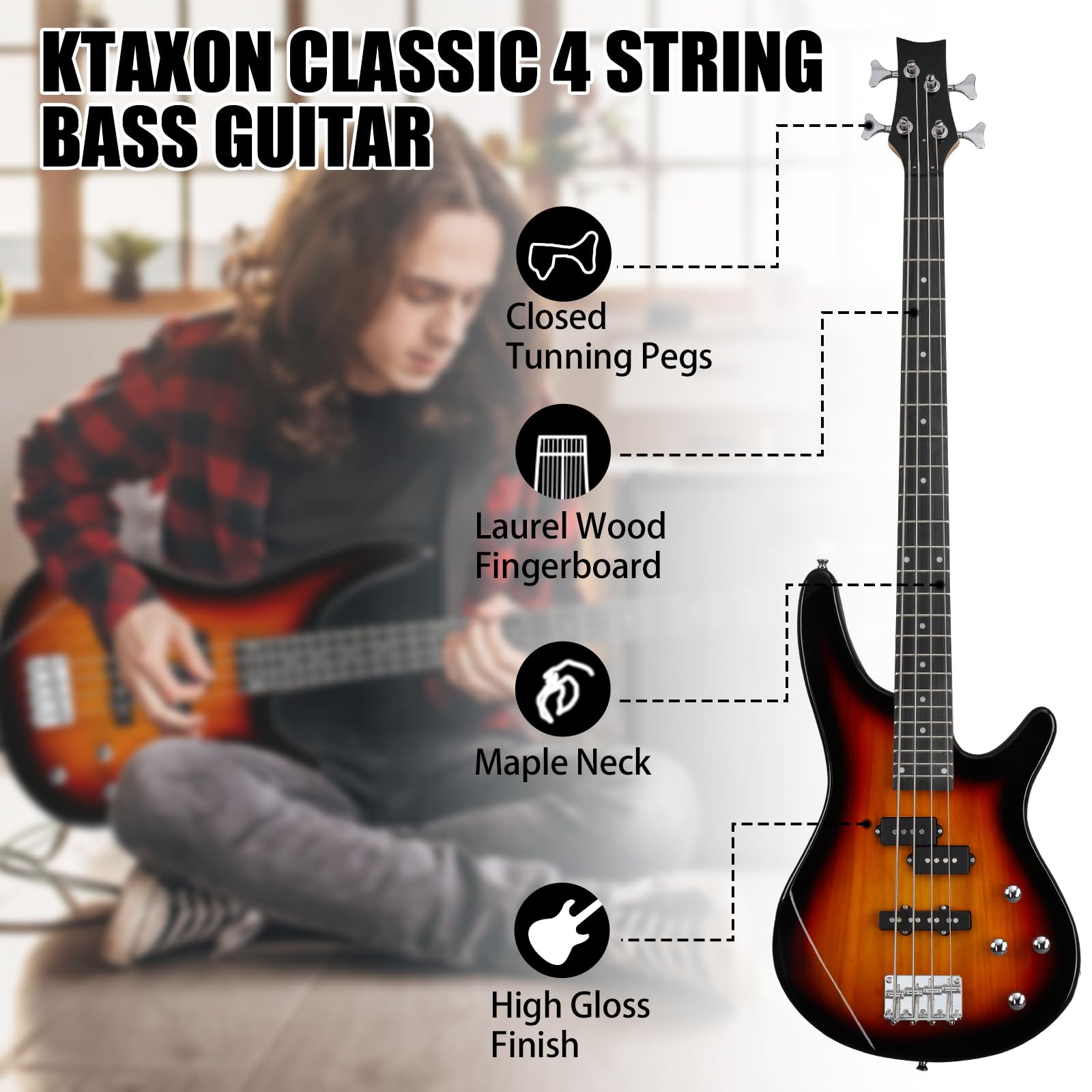 Ktaxon 4 String Electric Bass Guitar - Full Size Right Handed with Rosewood Fingerboard, Beginner Bass Guitar Kit Includes Cable & Wrench Tool (Sunset Burst) | Perfect for Beginners, Practice, Live Performances & Home Studio Recording
