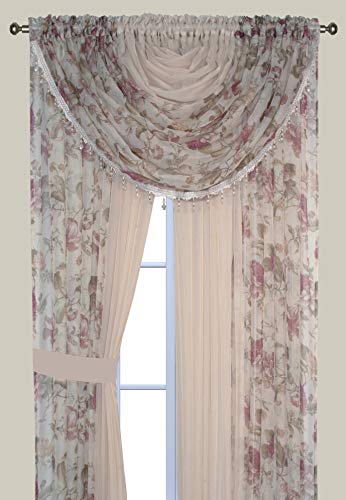 Floral Sheer Curtains 4 Panels Set with Valance - 63 Inch Light Filtering Voile Window Drapes for Living Room, Bedroom, Kitchen & Dining Room - Rose Beige Floral Design - Perfect for Soft Lighting & Privacy in Home Decor