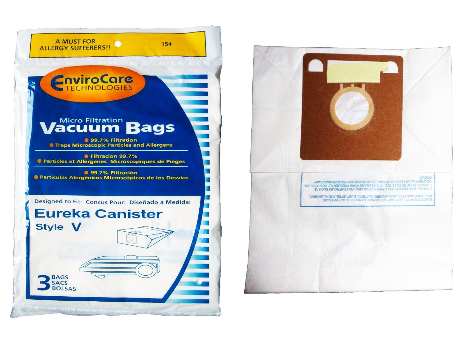 EnviroCare Replacement Vacuum Bags - 3 Pack Compatible with Eureka Style V Vacuum Cleaner | HEPA Filter Dust Bags for Pet Hair, Allergies & Home Cleaning