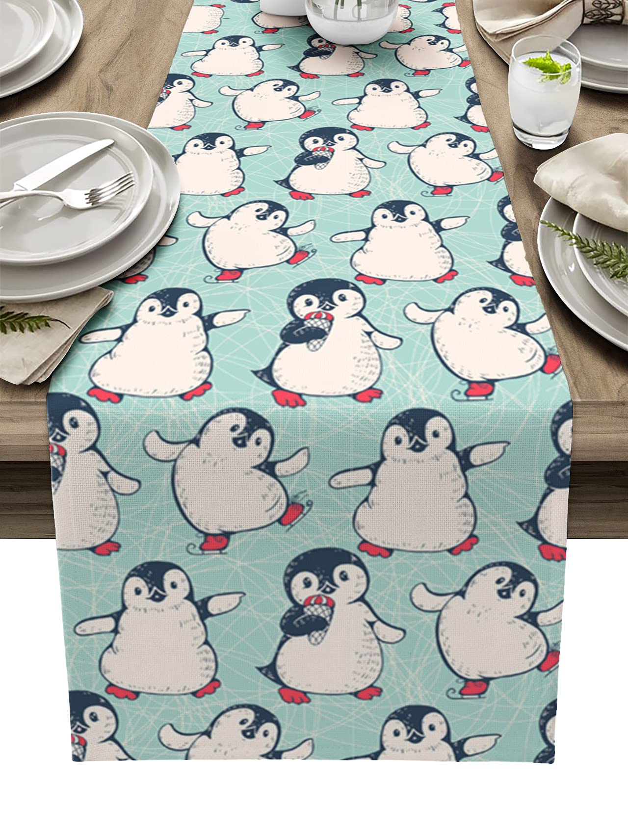 Cartoon Penguin Table Runner - Winter Penguin Design Cotton Linen Washable Tablecloth - 16 x 72 Inches for Kitchen Dining, Dinner Parties & Wedding Decor - Perfect for Holiday Gatherings and Festive Home Decor