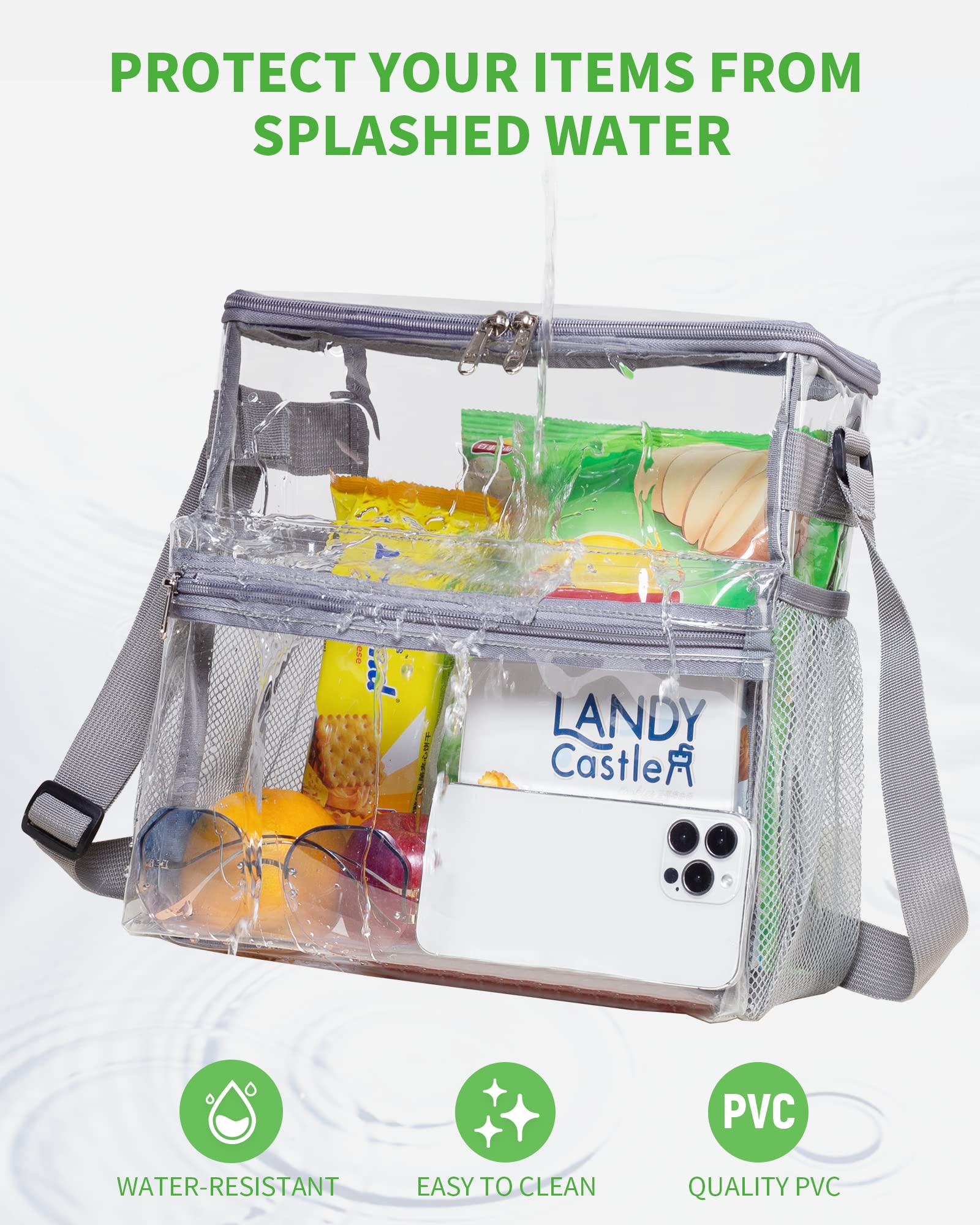 OEIPSMK Clear Tote Bag - 12x12x6 Stadium Approved Clear Crossbody Lunch Bag for Sports, Concerts, Work & College - Black, Gray (One Size) | Perfect for Stadium Security Checks, Beach Days & Gym Essentials