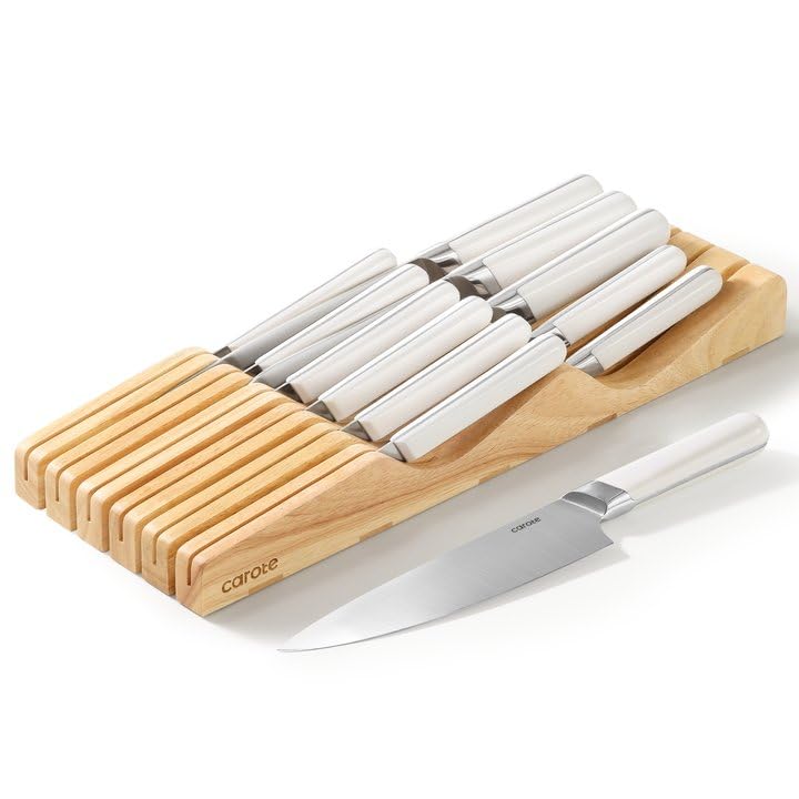 CAROTE 12-Piece Stainless Steel Kitchen Knife Set with Knife Block & Drawer Organizer - Dishwasher Safe Cutlery Set in White | Perfect for Home Chefs, Wedding Gifts & Kitchen Upgrades
