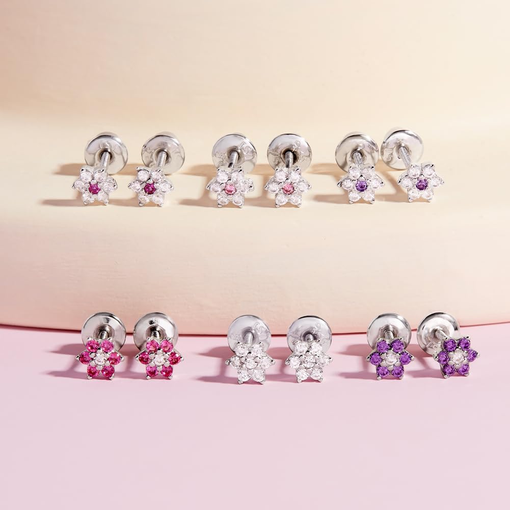 925 Sterling Silver Kids Earrings with 5mm CZ Flower & Secure Screw Backs - Hypoallergenic Floral Stud Earrings for Toddlers & Little Girls | Perfect for Birthdays, First Piercing Gifts & Special Occasions