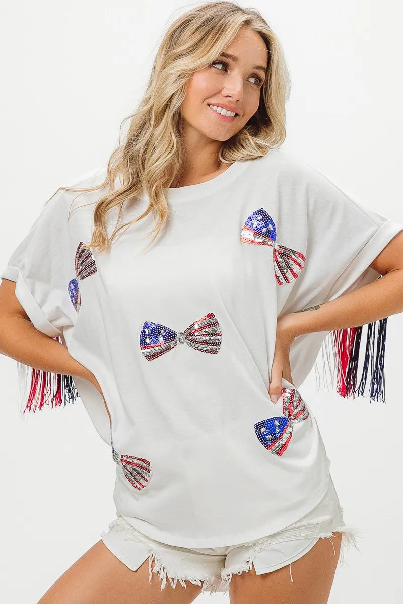 BiBi Patriotic American Flag Sequin Ribbon T-Shirt - Stylish USA Pride Top for Women, Perfect for 4th of July, Memorial Day & Independence Day Celebrations