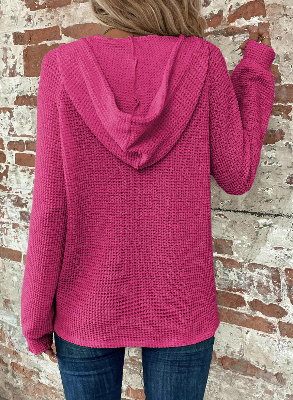 Women's Waffle Knit Hoodie - Long Sleeve Drawstring Button V-Neck Casual Pullover Sweatshirt | Perfect for Fall Layering, Lounge Wear & Outdoor Activities