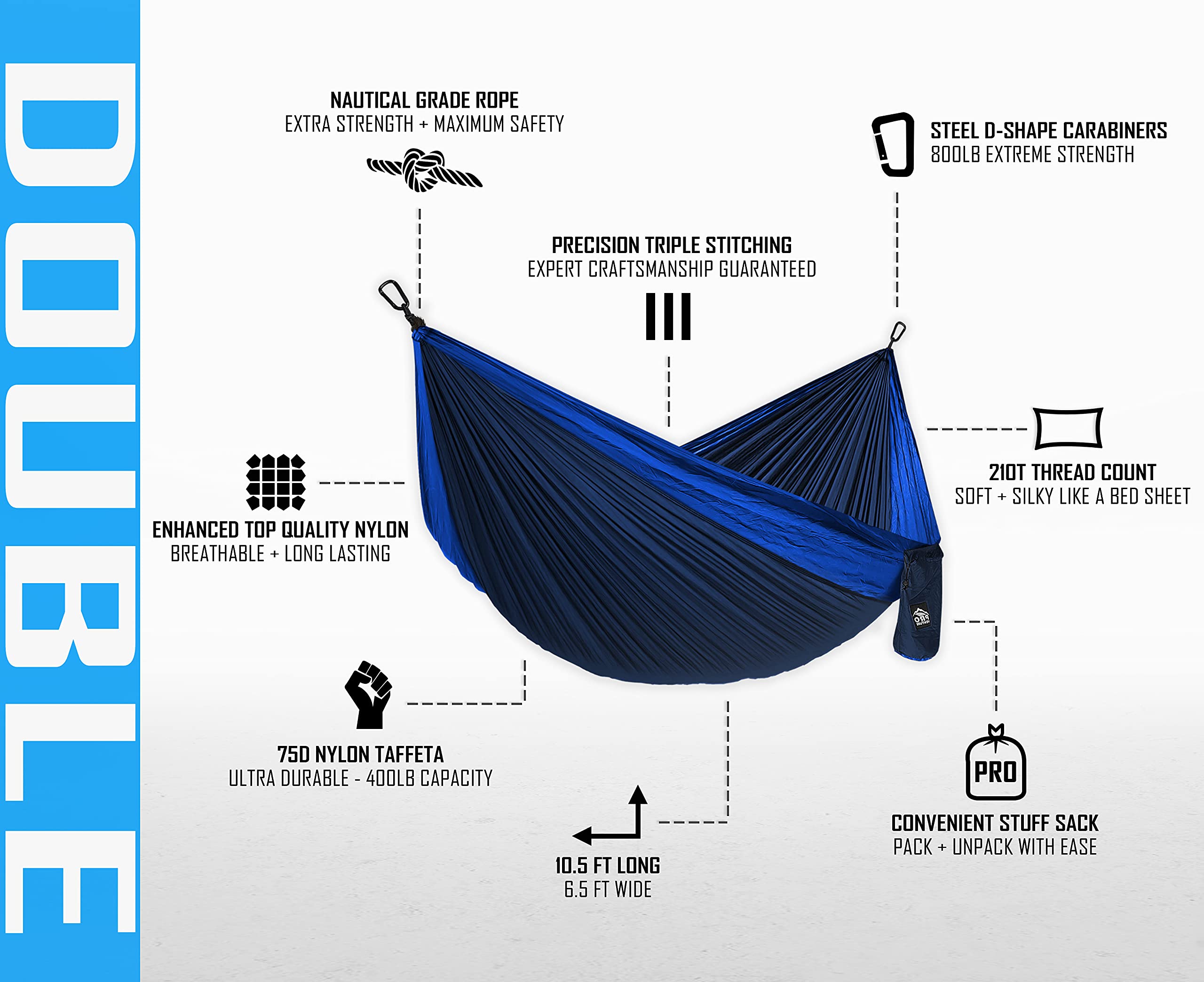 Double Camping Hammock - 10.5 x 6.5 FT Portable Lightweight 2-Person Hammock with 9ft Tree Straps & 2 Carabiners - 210T Parachute Nylon for Backpacking, Hiking, Travel, Outdoor Relaxation - Perfect for Camping, Beach, Backyard & Patio Use