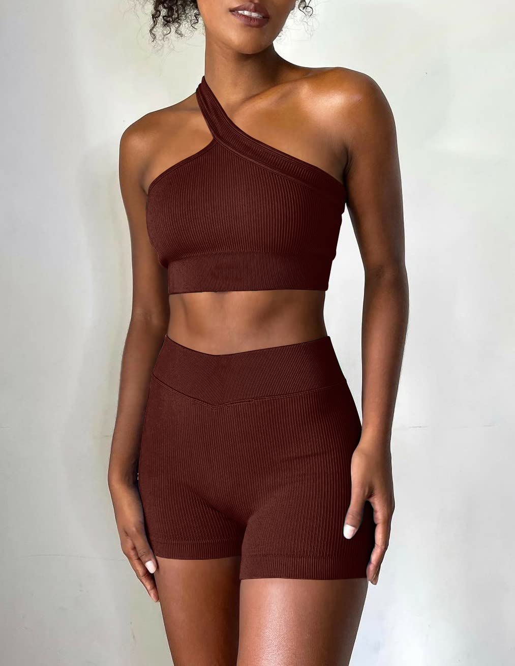 OLCHEE Women's 3-Piece Workout Set - Seamless Ribbed Yoga Outfit with One Shoulder Sports Bra & High Waist Shorts for Gym, Running, Yoga & Athletic Training | Comfortable & Stylish Activewear