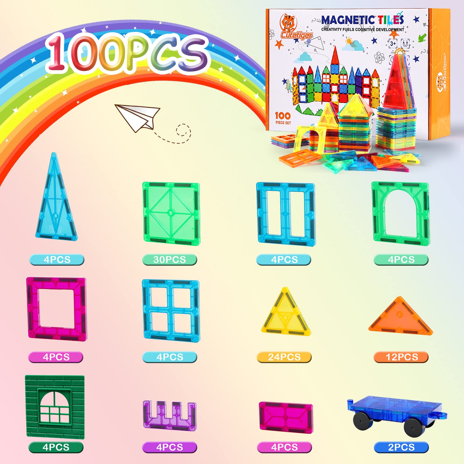 100PCS Magnetic Tiles Building Blocks - STEM Educational Toys for Kids | Creative Construction Play Set for Boys & Girls | Perfect for Classroom, Birthday Gifts & Indoor Family Activities