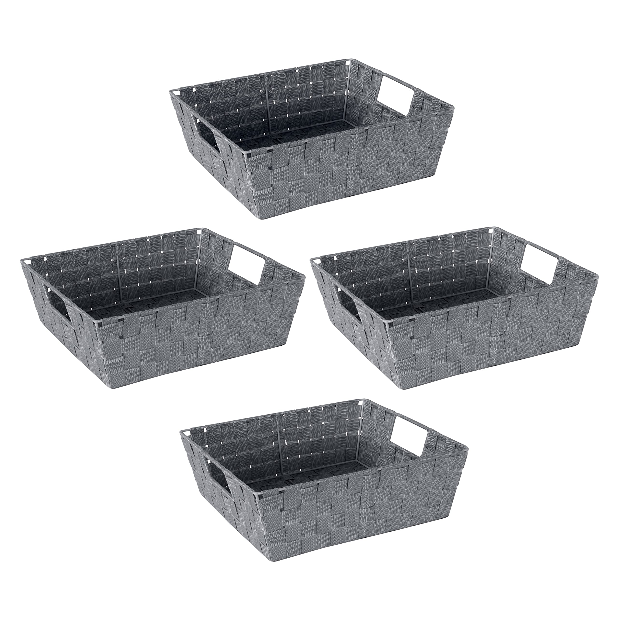 Decorative Storage Baskets for Organizing Small & Large Items - 4 Pack Grey Woven Strap Tote Bins for Closet, Shelf & Home Organization | Perfect for Bedroom, Bathroom & Office Storage Solutions