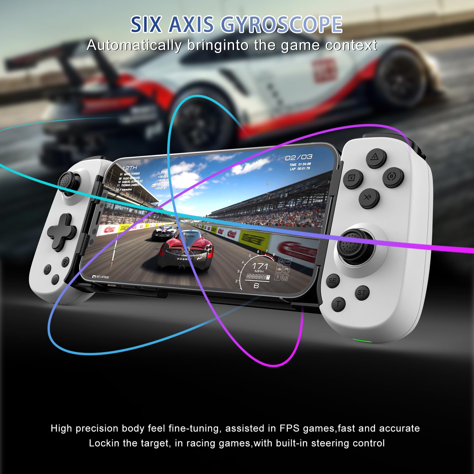 Wireless Gamepad for iPhone, Android, PC - Turbo, Gyro, Dual Motors (White) - Perfect for Cloud Gaming & PS5/Xbox Streaming