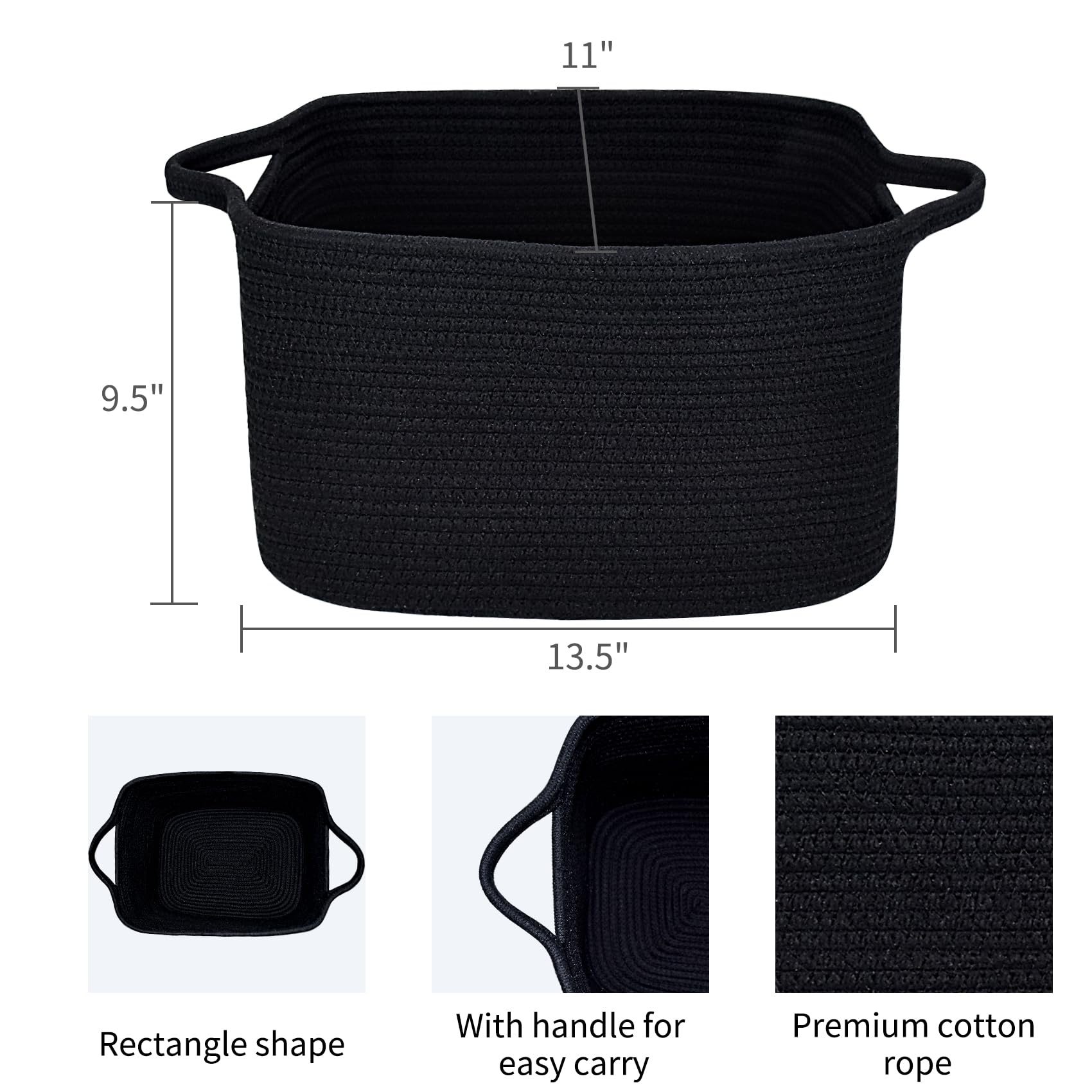 ABenkle Cotton Rope Storage Basket with Handles - 13.5x11x9.5 Inch Rectangular Decorative Organizer for Baby Nursery, Shelves & Closet - Perfect for Toys, Blankets and Home Organization