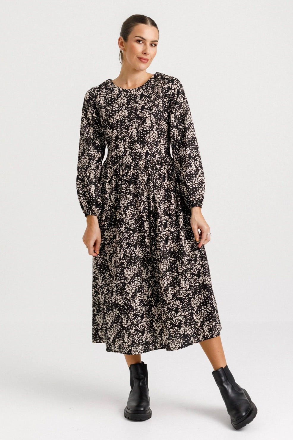 Pippo Dark Ditsy Long Sleeve Midi Dress - Floral Print Casual Dress for Women | Perfect for Office, Date Night & Fall Outfits