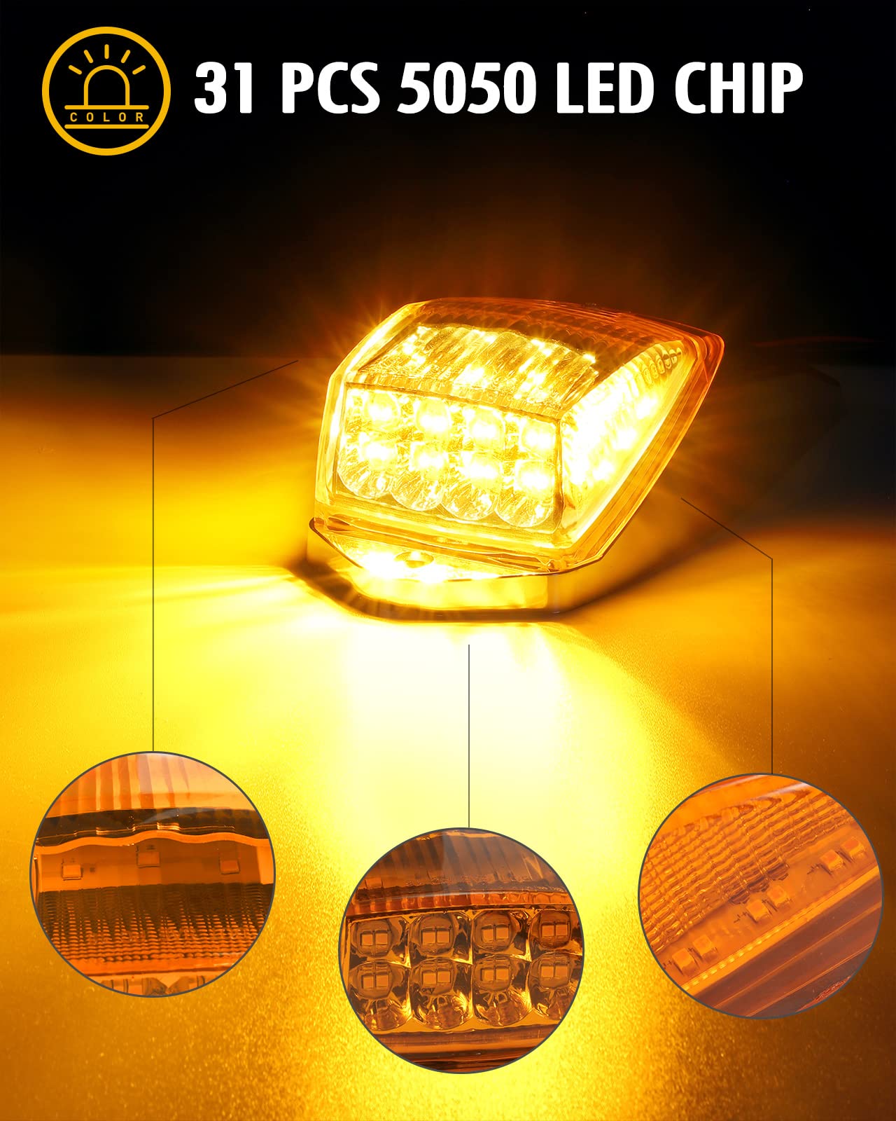 Partsam 31LED Amber Waterproof Cab Marker Light for Peterbilt Kenworth Freightliner Western Star Mack International Paccar Trailer Trucks - Durable Roof Running Lights for Enhanced Night Visibility and Safety