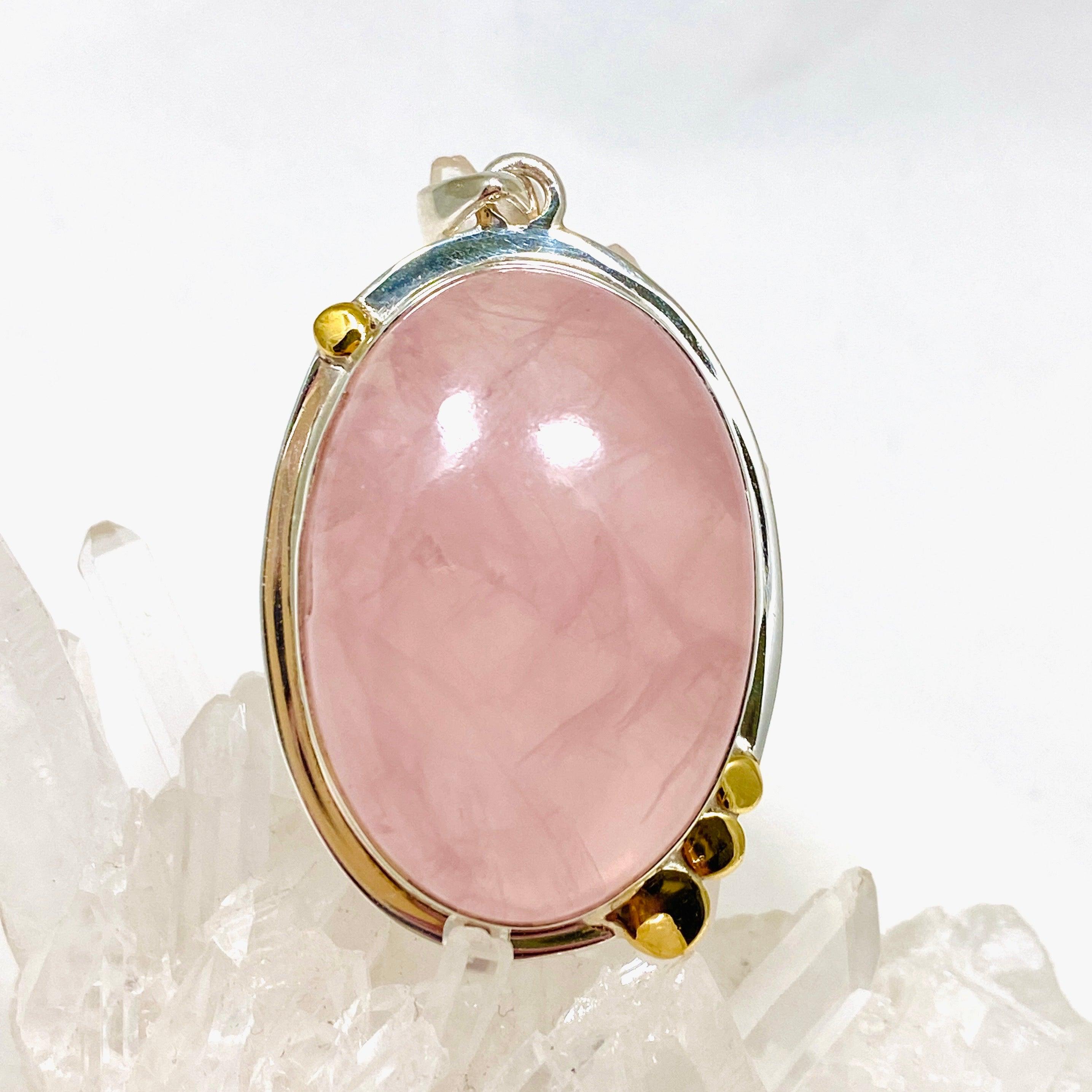 Rose Quartz Oval Pendant Necklace with Brass Accents - KPGJ4312 | Healing Crystal Jewelry for Women, Spiritual Gift & Everyday Elegance