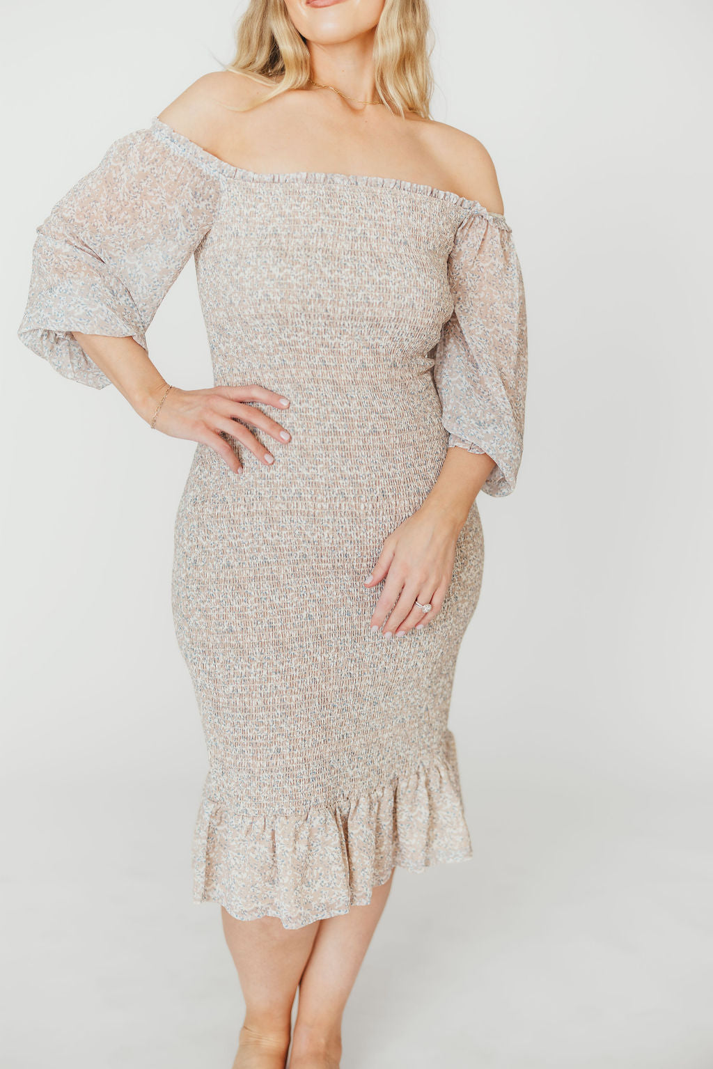 Stylish Cameron Stretchy Midi Dress with Ruffles - Beige & Blue Floral Print | Perfect for Casual Outings, Date Nights & Summer Vacations
