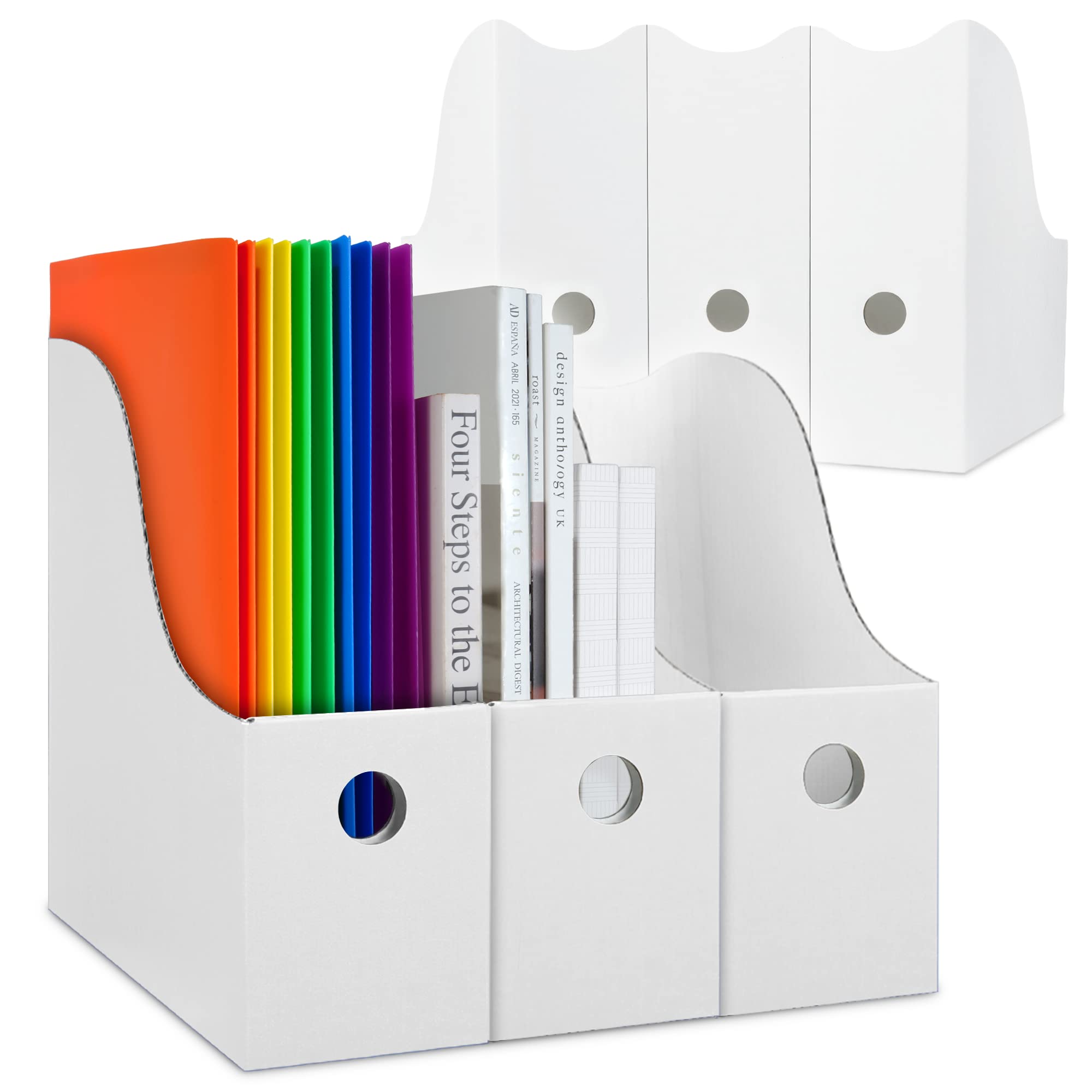 Dunwell White Magazine File Holder (6 Pack) - Sturdy Cardboard Magazine Organizer, Vertical File Folder Holder for Office, Desk or Classroom - Perfect for Books, Documents, Office Supplies & School Materials Storage