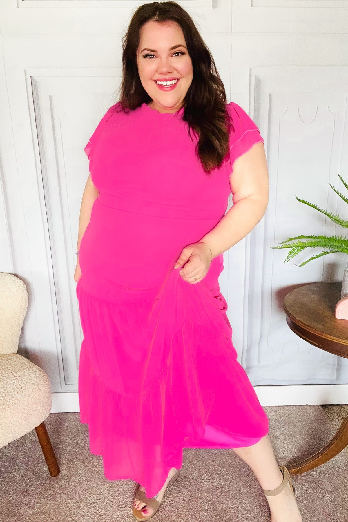 Haptics Perfectly You Hot Pink Mock Neck Tiered Chiffon Maxi Dress for Women - Elegant Formal & Party Wear, Wedding Guest Outfit, Evening Gown