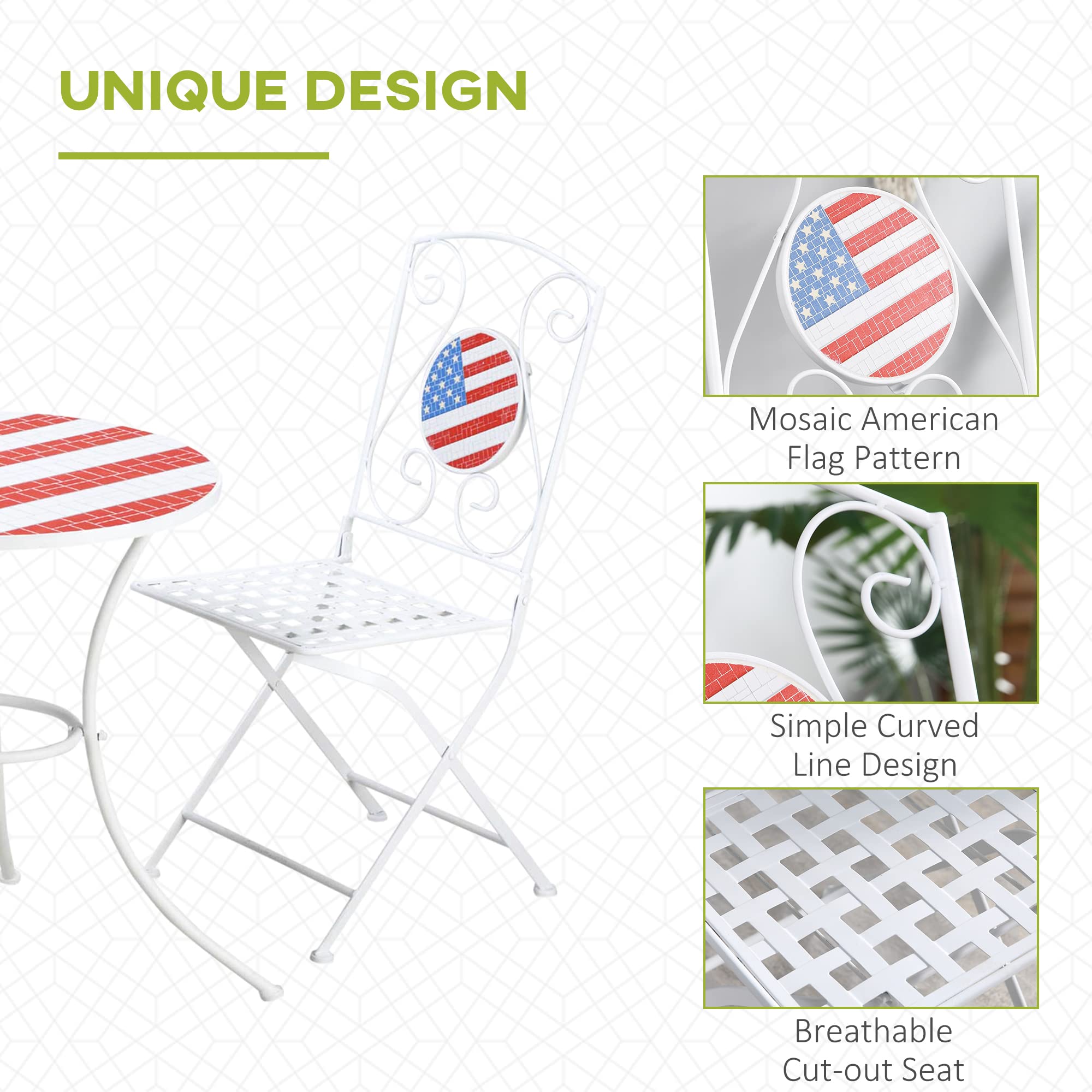 Outsunny 3-Piece Patio Bistro Set - Folding Outdoor Furniture with Mosaic Table & Chairs, Durable Metal Frame for Balcony, Backyard, Poolside, Porch - Perfect for 4th of July BBQ, Summer Parties & Outdoor Relaxation